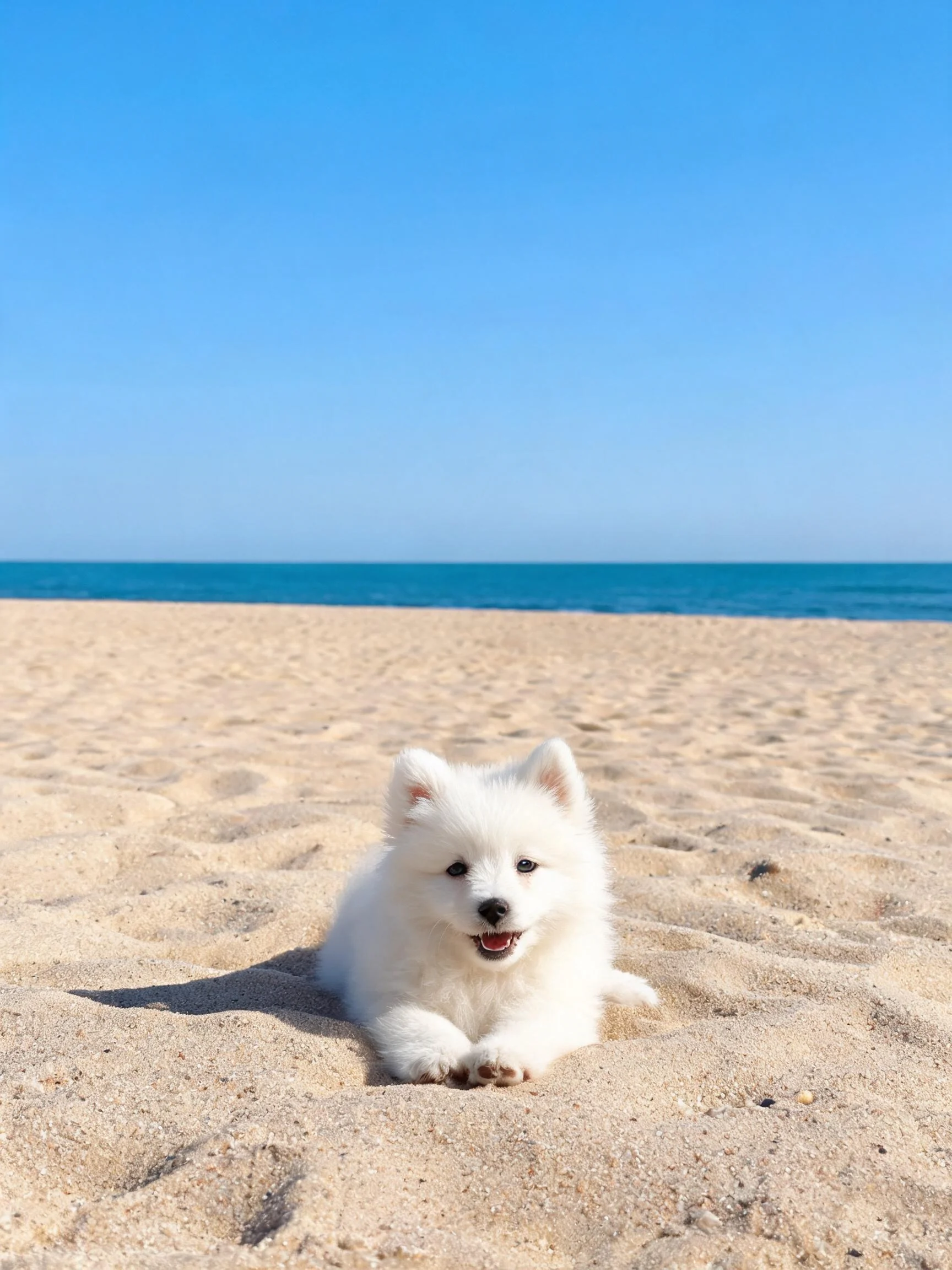 萨摩耶幼犬趴在沙滩上,蓬松洁白的毛发与浅黄色沙滩形成鲜明对比。