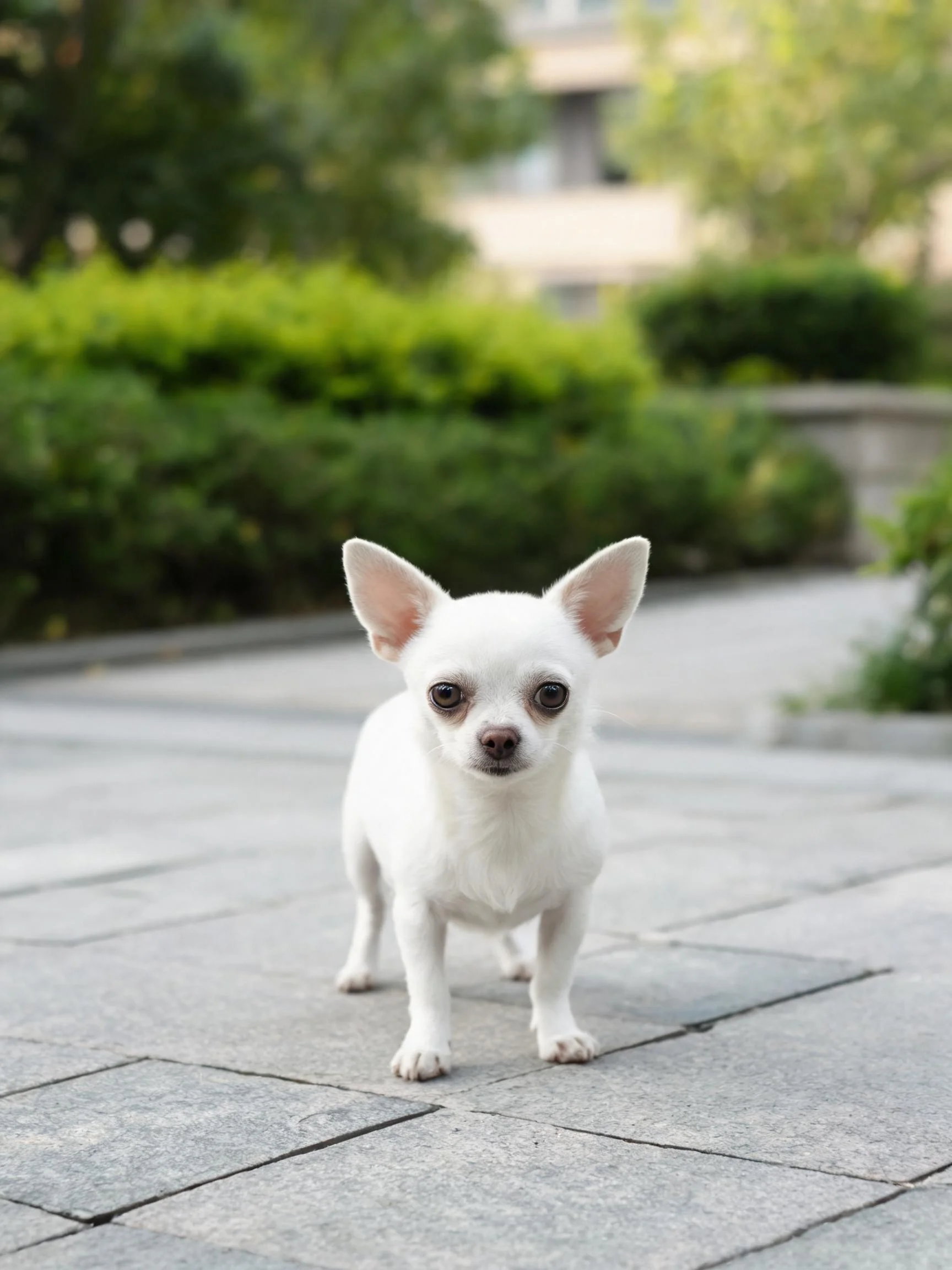 白色吉娃娃犬有着短而洁白的被毛，耳朵竖立，目光正视镜头，前爪爪垫清晰可见。