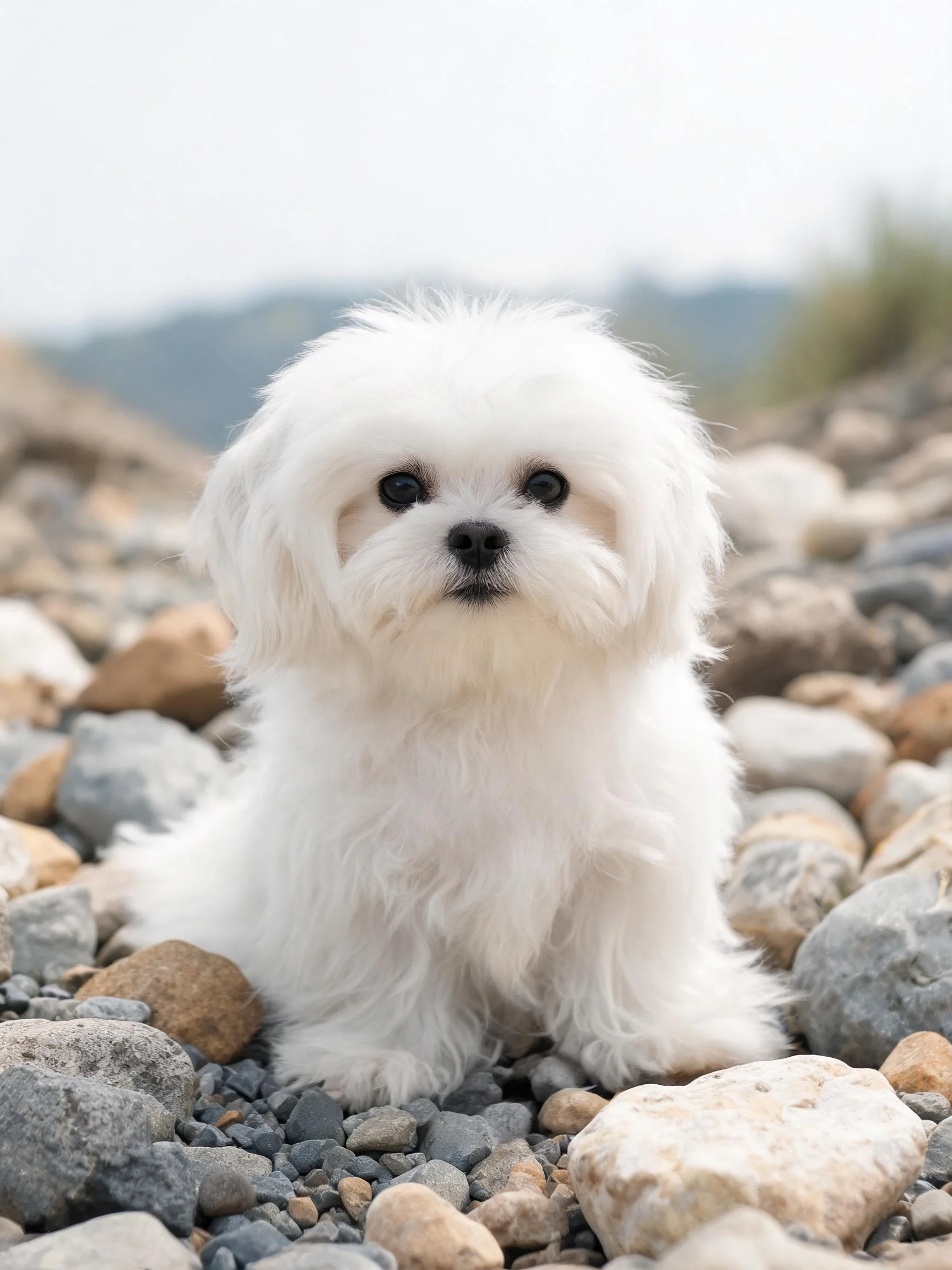 马尔济斯犬有着蓬松洁白的毛发,正安静地坐在碎石地面上。