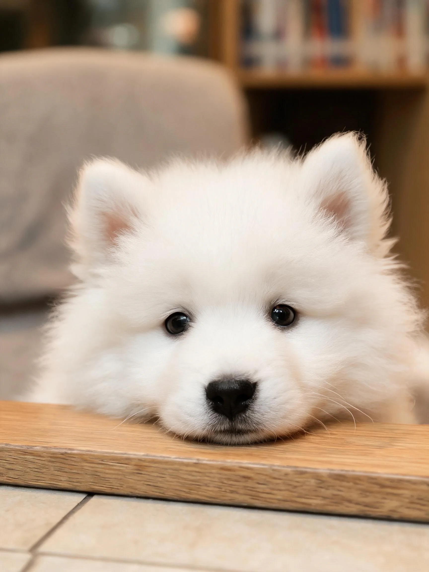 一只萨摩耶幼犬将头部靠在木质桌面上,展现出蓬松洁白的毛发和安静的神态。