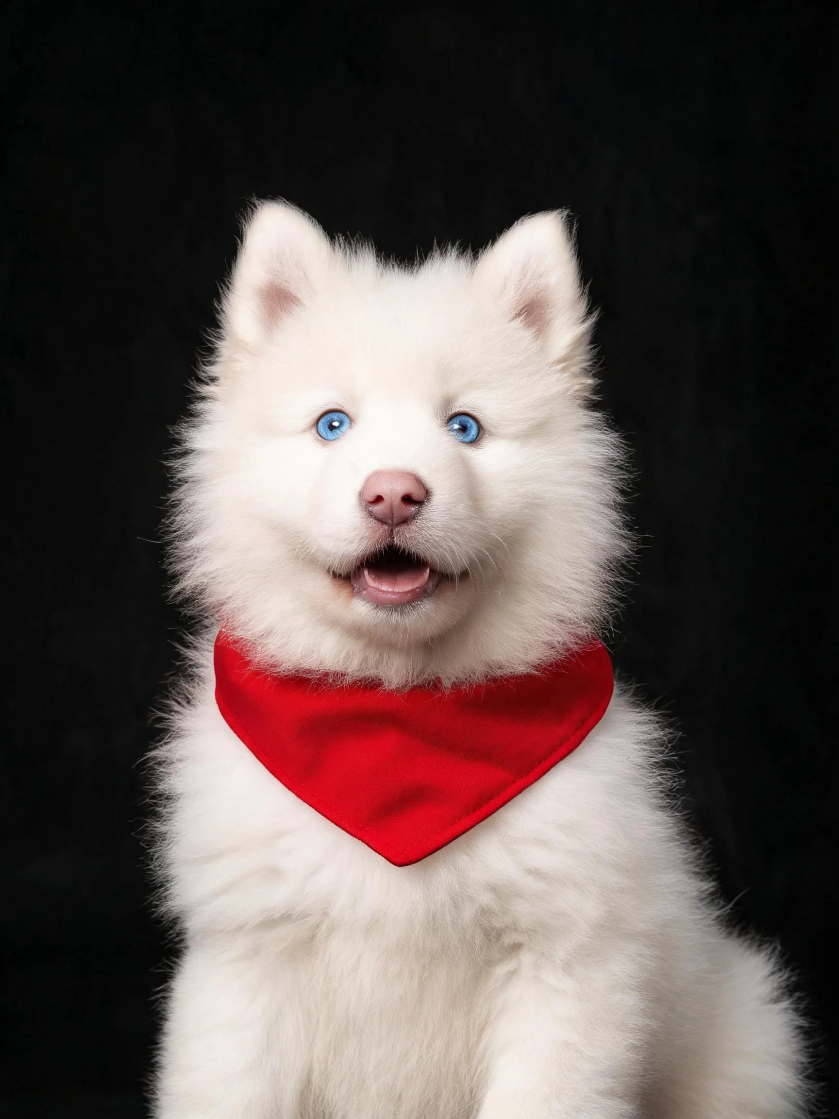 西伯利亚雪橇犬幼犬,白色蓬松毛发,佩戴红色围巾,蓝色眼睛明亮清澈。