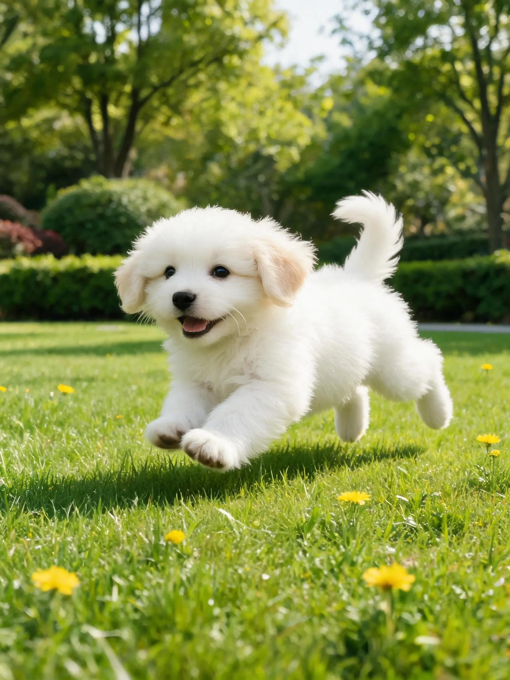比熊幼犬有着蓬松洁白的卷毛,在阳光照耀的草坪上欢快奔跑。