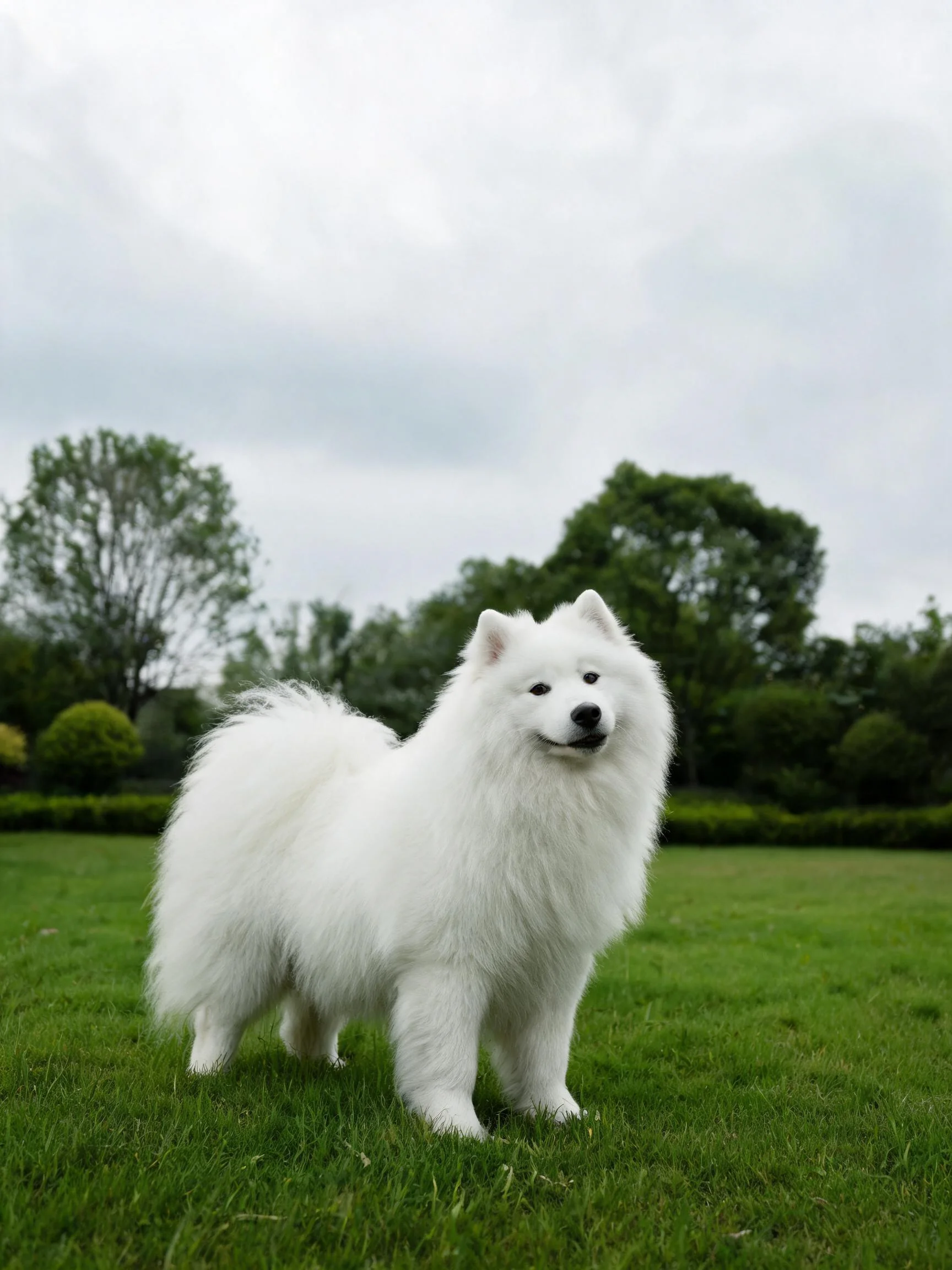 萨摩耶犬有着蓬松洁白的毛发，耳朵直立，眼神温和友善。