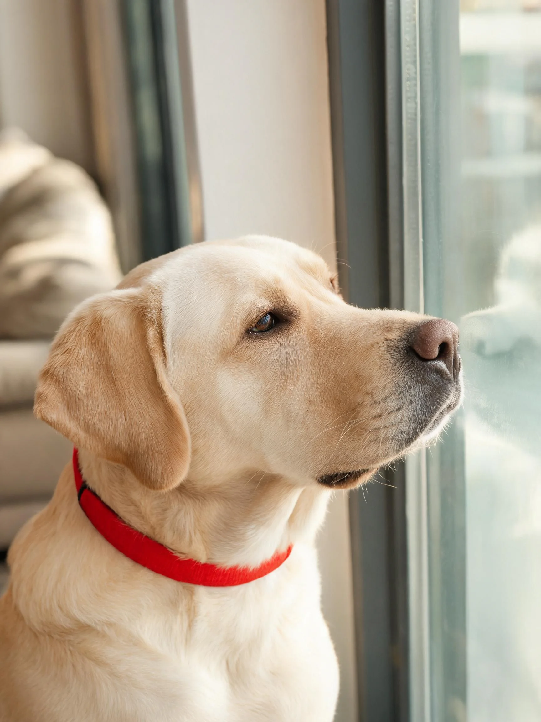 黄色拉布拉多猎犬注视窗外,湿润的尖与柔软浅黄色皮毛清晰可见。