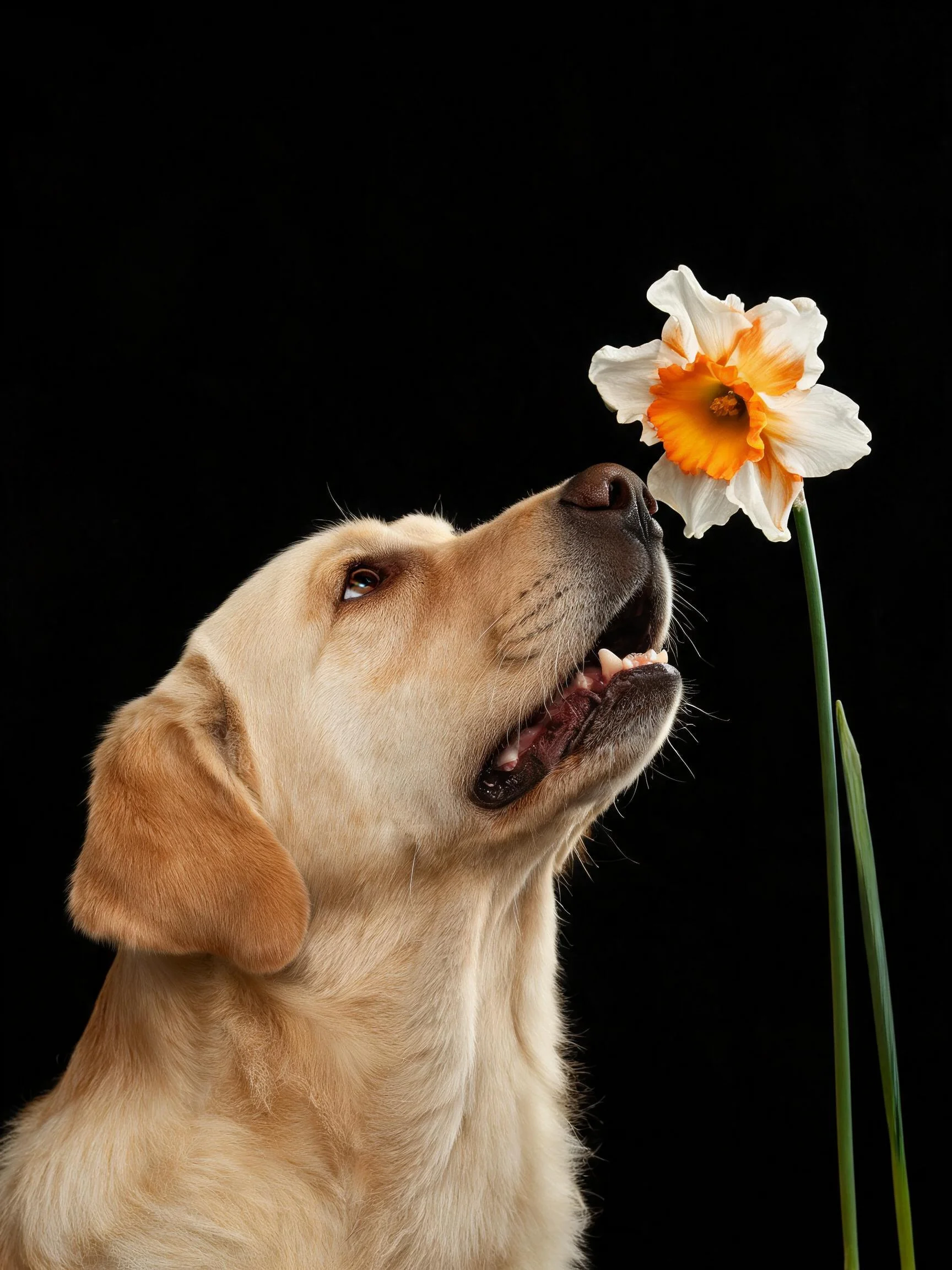 拉布拉多猎犬鼻尖贴近带有橙色花心的水仙花瓣,浅黄色被毛与洁白花瓣形成鲜明对比。