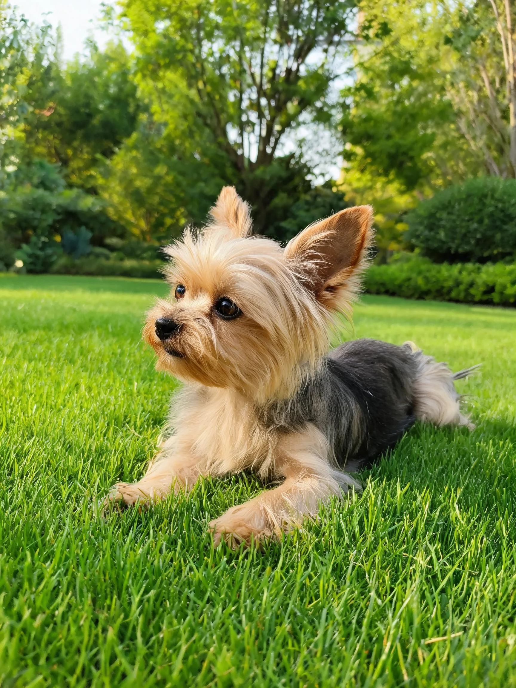 约克夏梗犬安静趴卧在翠绿草坪上,浅棕深灰相间的毛发柔软顺滑。