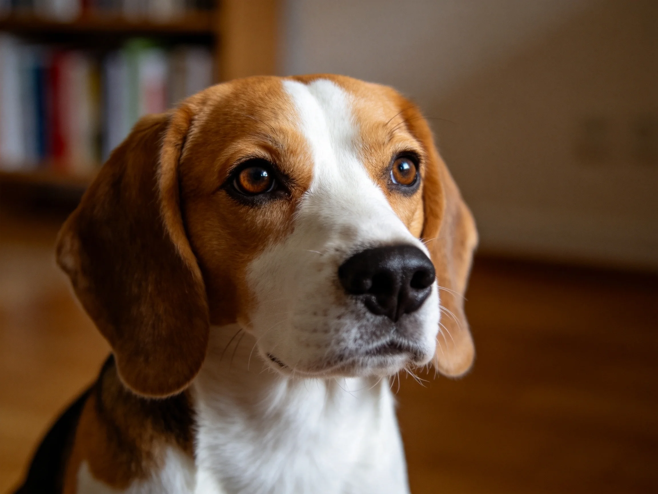 一只比格犬在室内特写,展现出其三色被毛和明亮的眼睛。