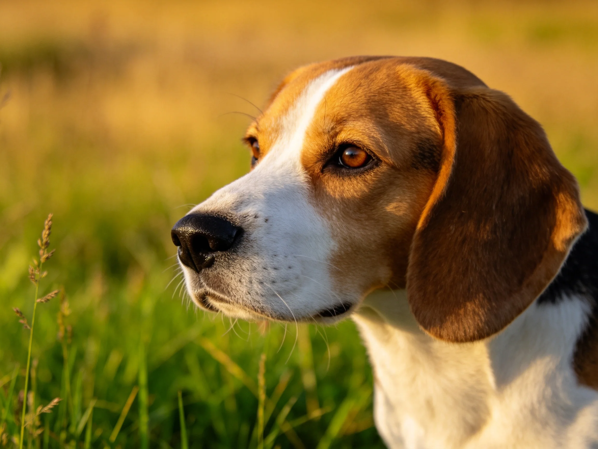 一只比格犬,其棕白相间的毛发在阳光下显得清晰,耳朵下垂,眼神专注。