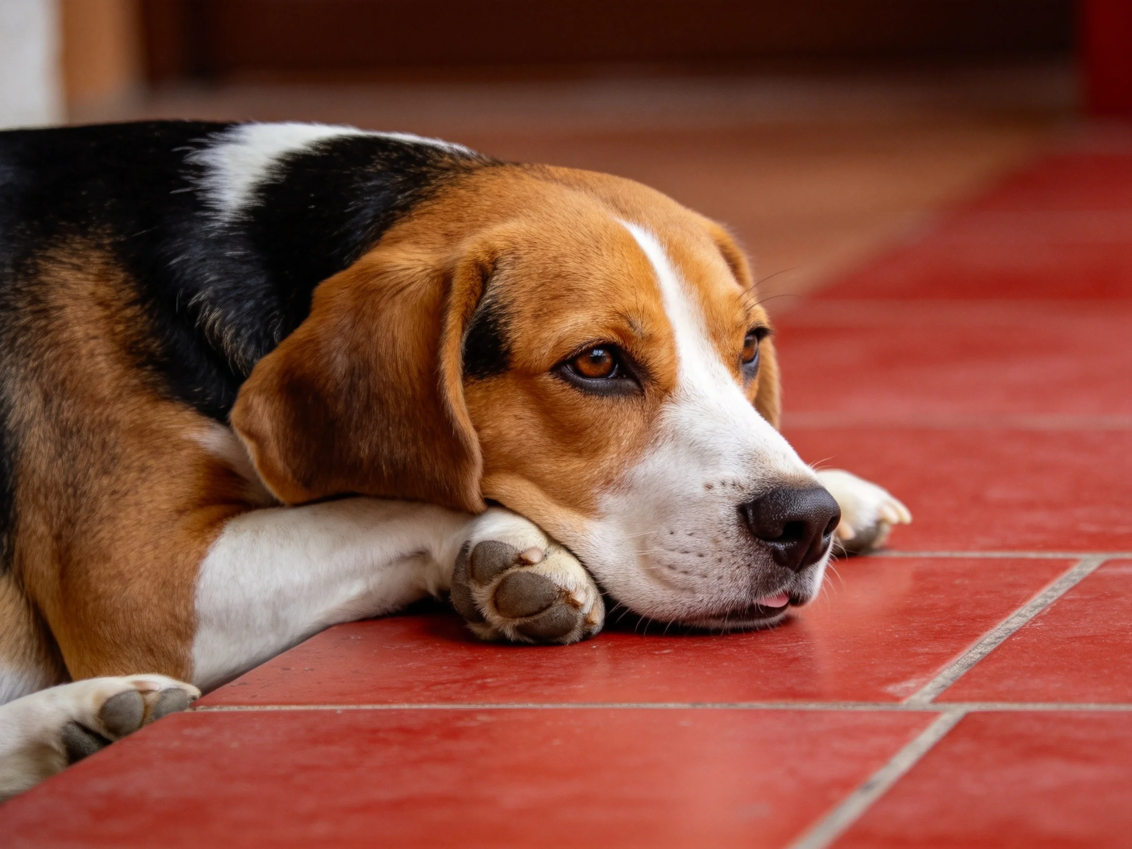一只比格犬将头靠在前爪上,红棕白相间的被毛清晰可见。
