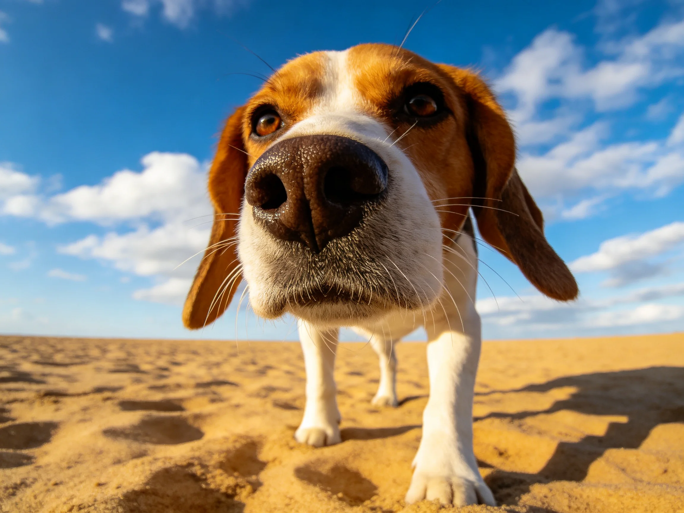 比格犬注视镜头,湿润的鼻尖贴近拍摄设备,棕白相间的被毛清晰可见。