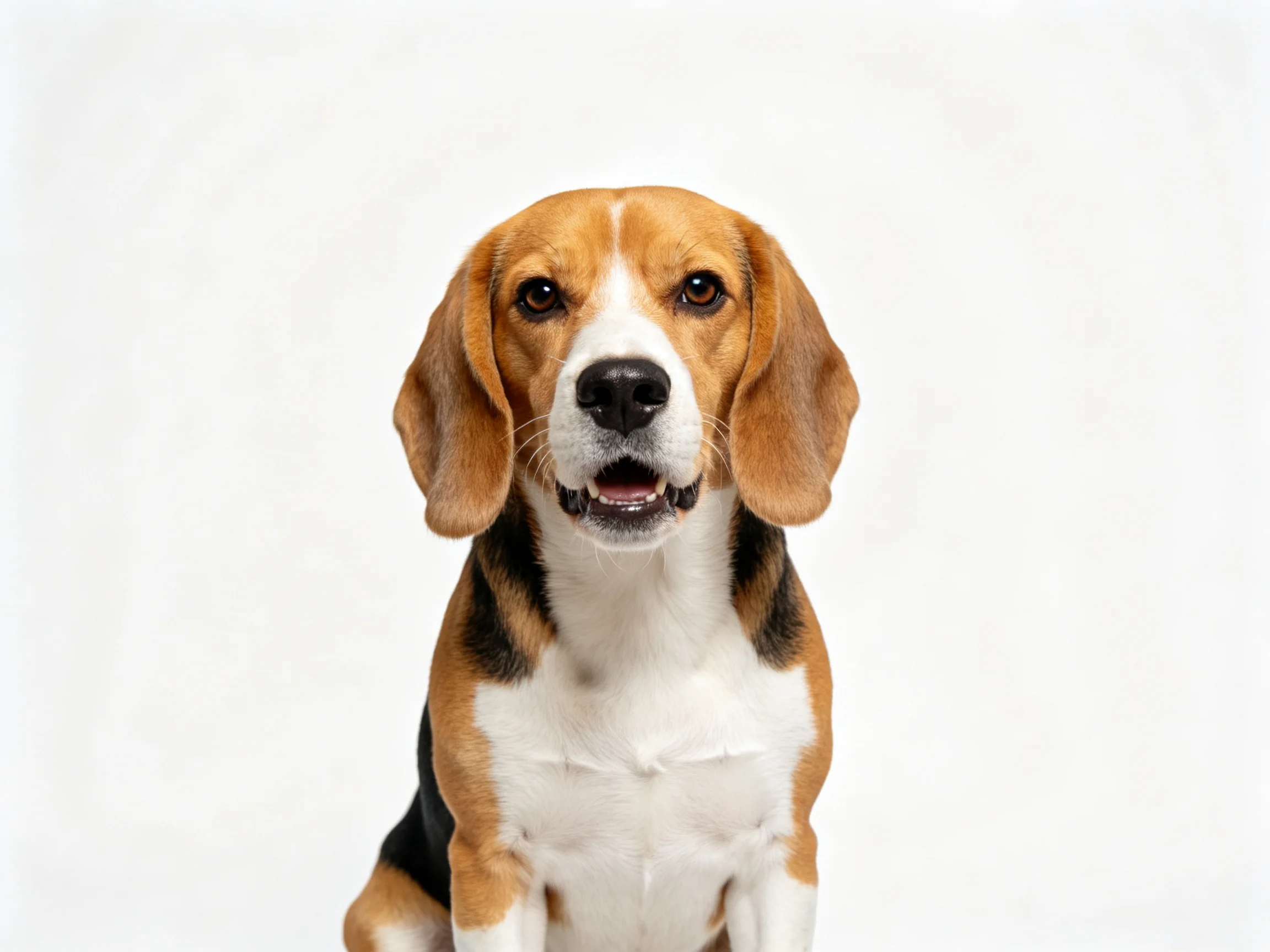 一只三色的比格犬安静地坐在白色背景前,耳朵下垂,嘴巴微张露出洁白的牙齿。