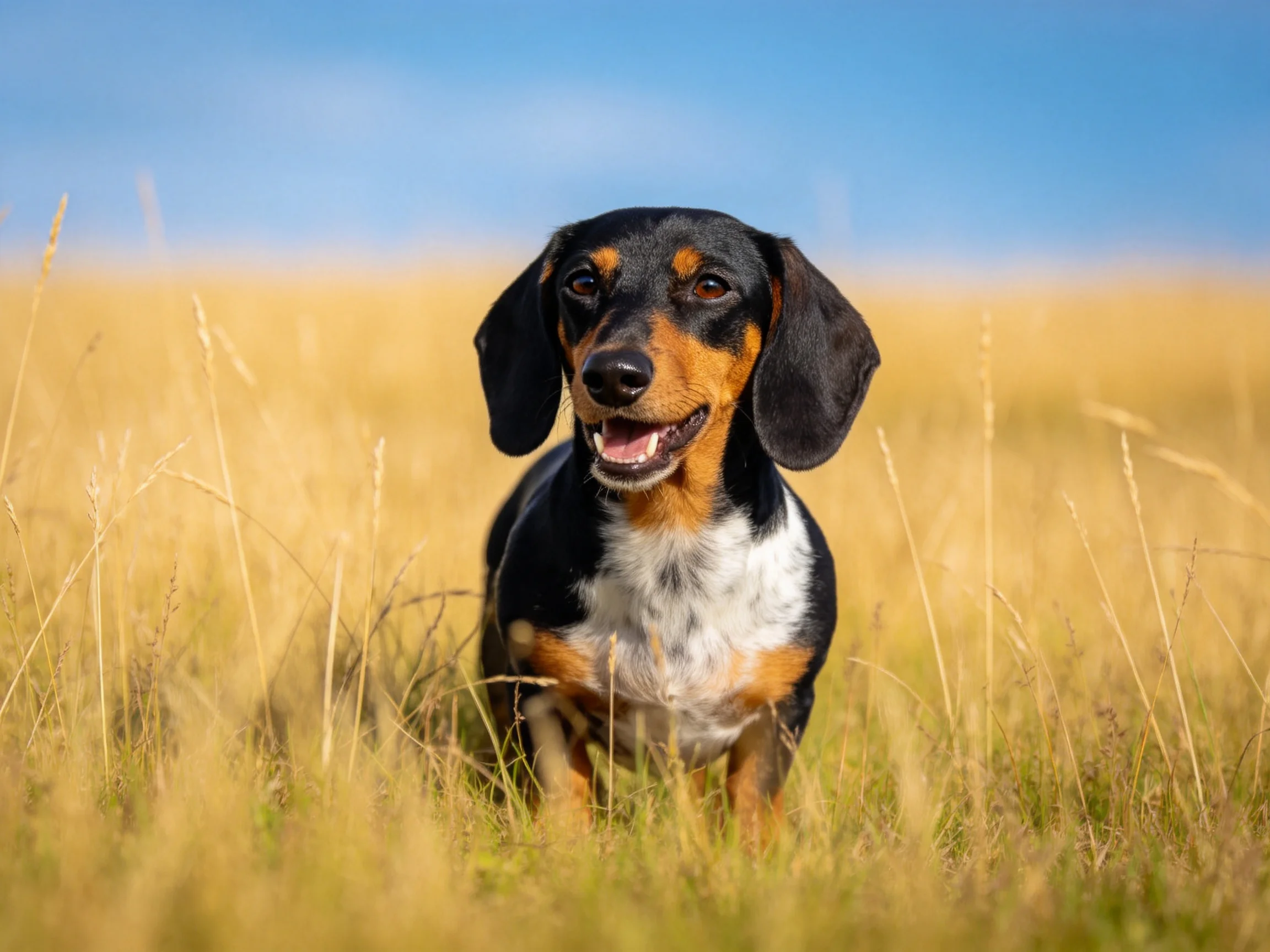 一只腊肠犬站在金黄色草地上,它黑白棕相间的被毛清晰可见,耳朵大而柔软下垂。