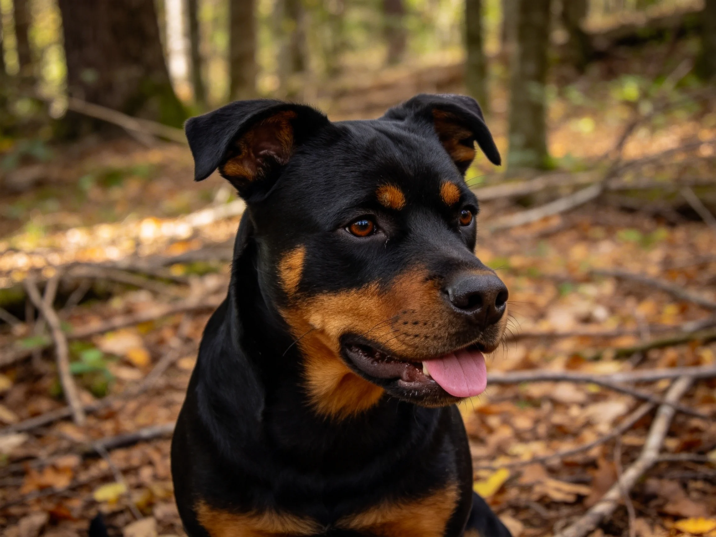 罗威纳犬的黑棕色毛发在光线映衬下清晰可见,舌头伸出呈现放松状态。