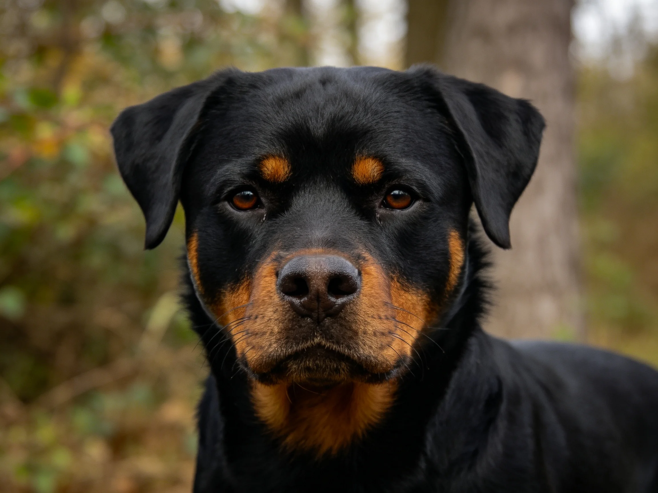 一只罗威纳犬,拥有典型黑棕色毛发配色,眼神专注,面部有明显的棕色斑纹分布。