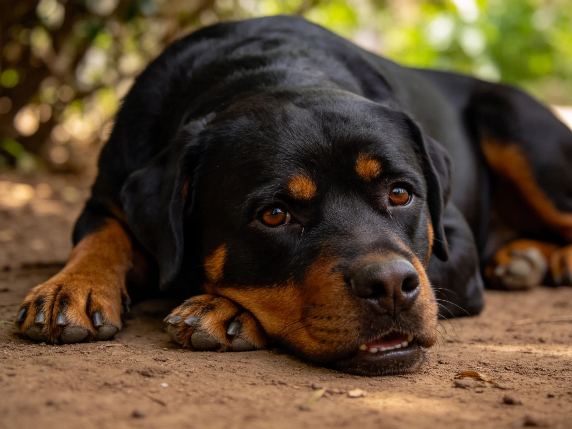罗威纳犬安静趴卧在户外泥土地上,黑棕色毛发短而浓密,前爪轻托头部姿态放松。