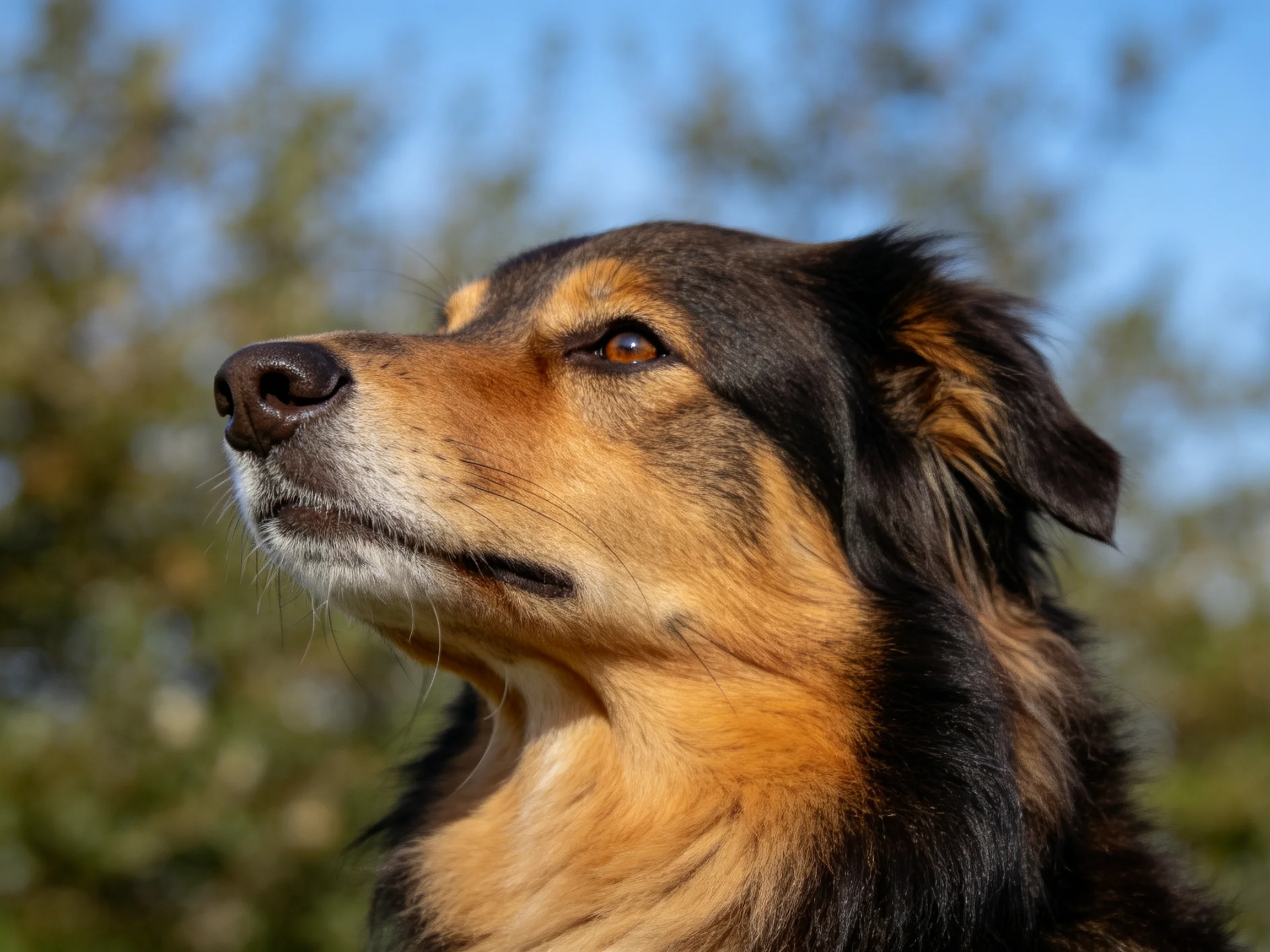 一只黑白棕相间的边境牧羊犬混种犬，耳朵竖起，目光注视远方。