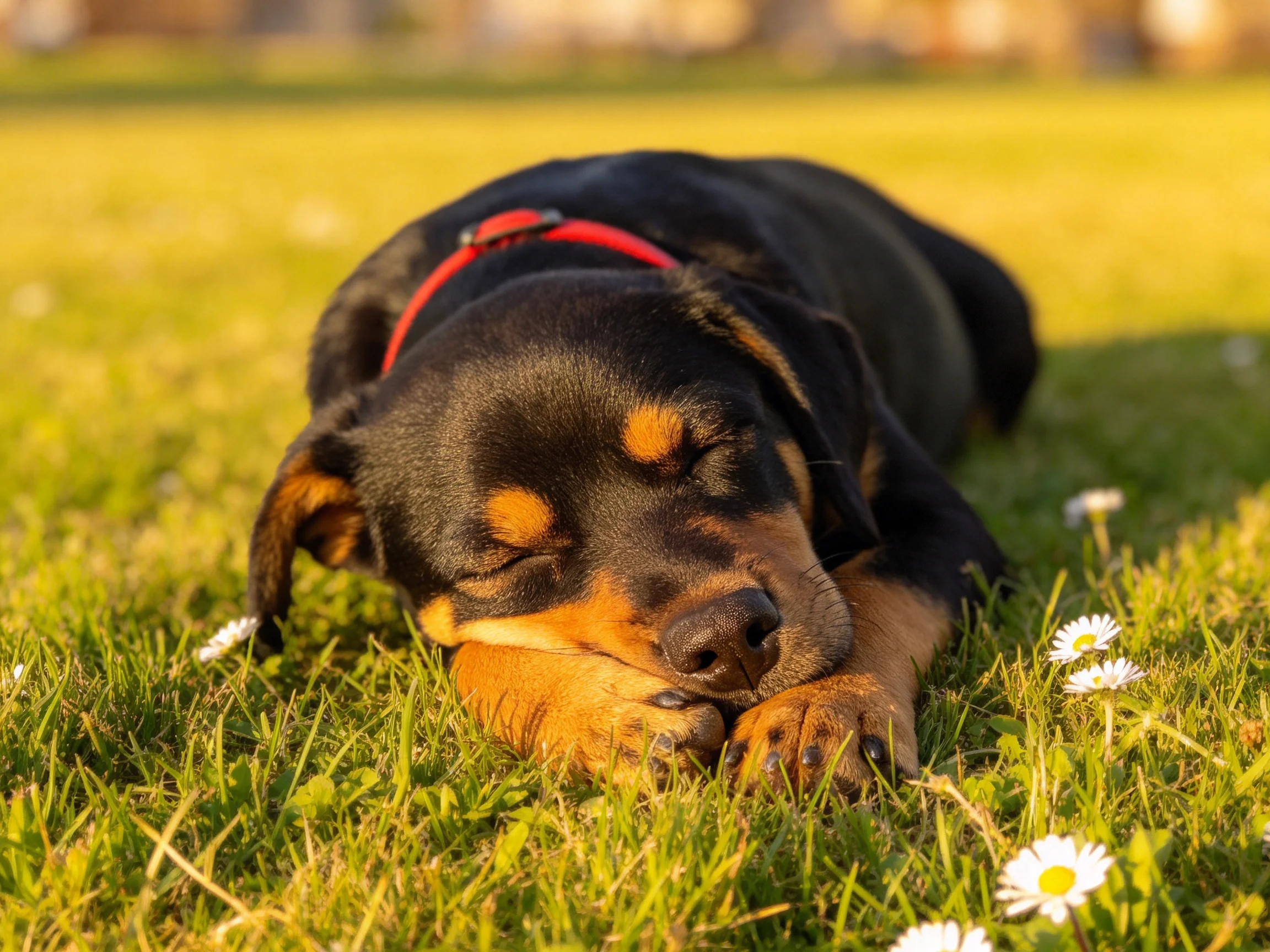 罗威纳犬幼崽黑色的被毛与棕色斑纹清晰可见,正安静地趴卧在草地上休息。
