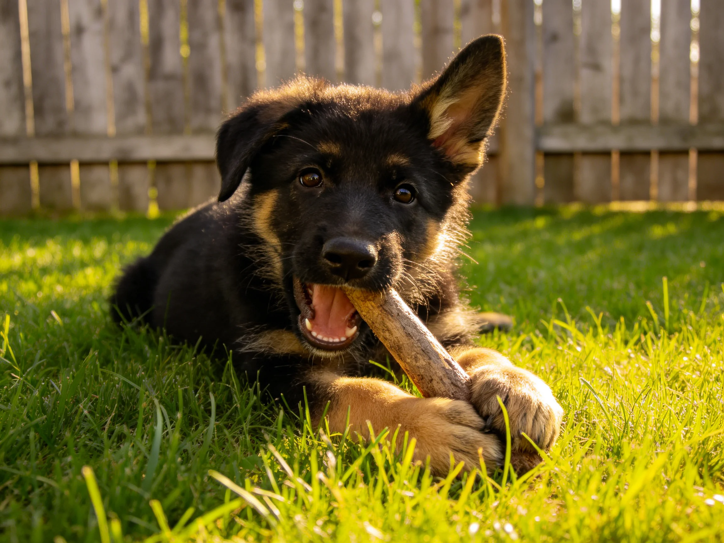 德国牧羊犬幼犬嘴巴张开啃咬木棍，毛发浓密且带有浅棕色斑纹。