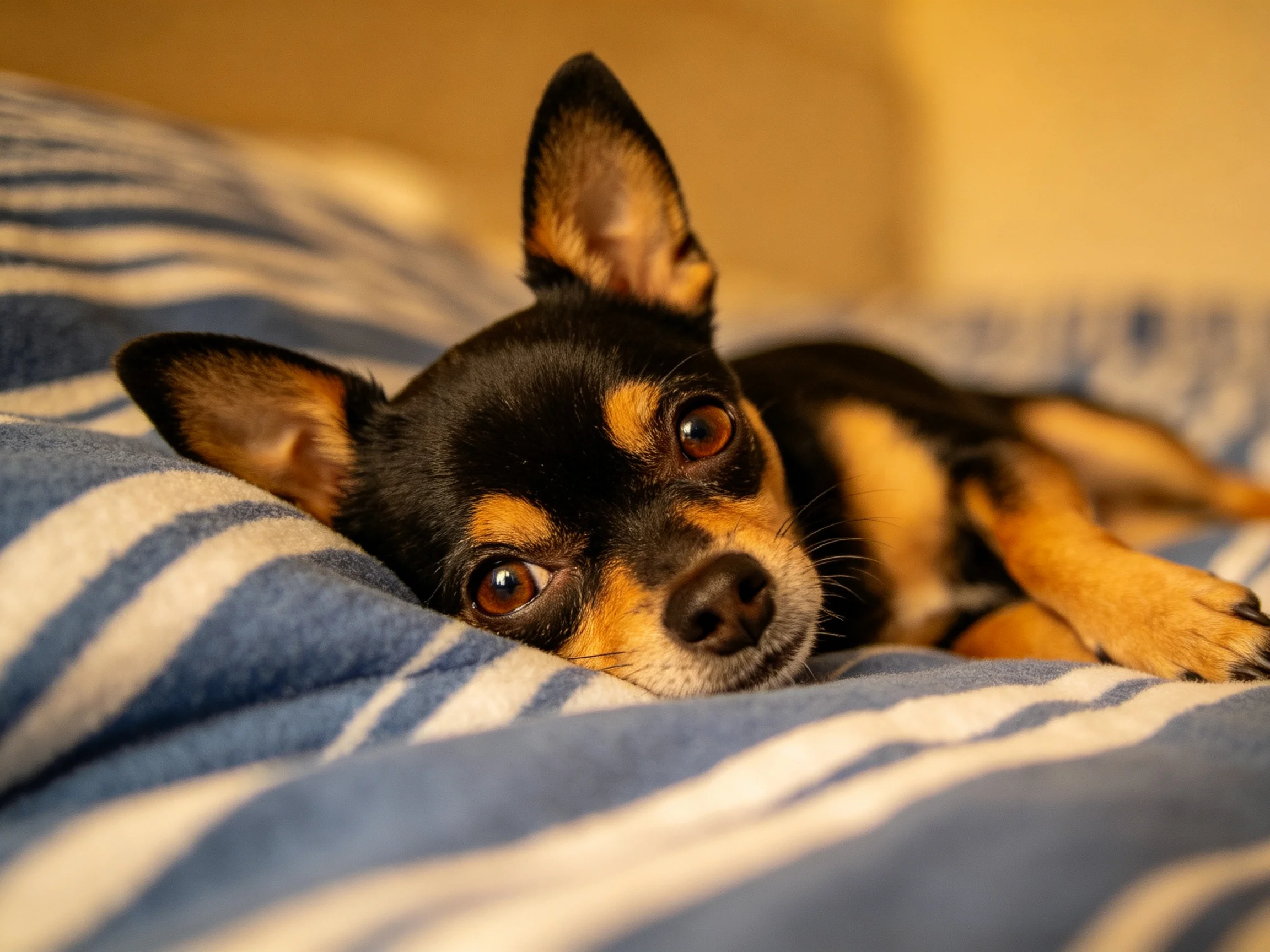 吉娃娃犬安静趴躺在在蓝白条纹织物上,眼睛明亮注视前方。