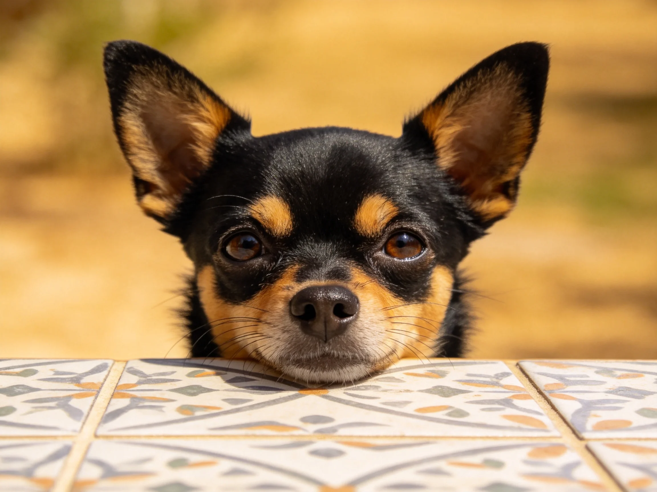 一只黑色与棕色相间的吉娃娃犬将头部探出,鼻尖靠近瓷砖表面。