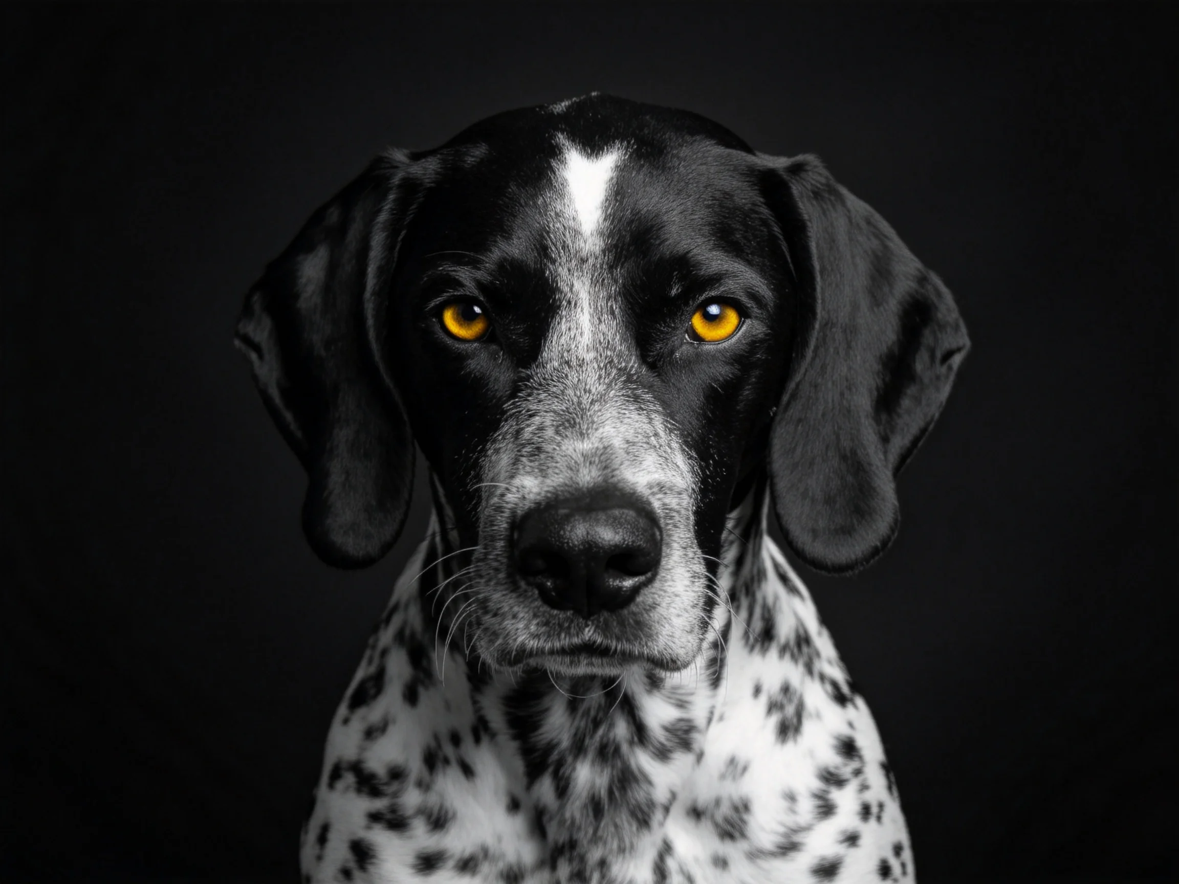 一只德系短毛指示犬,黄色的眼睛清晰可见,面部有黑白斑纹特征。