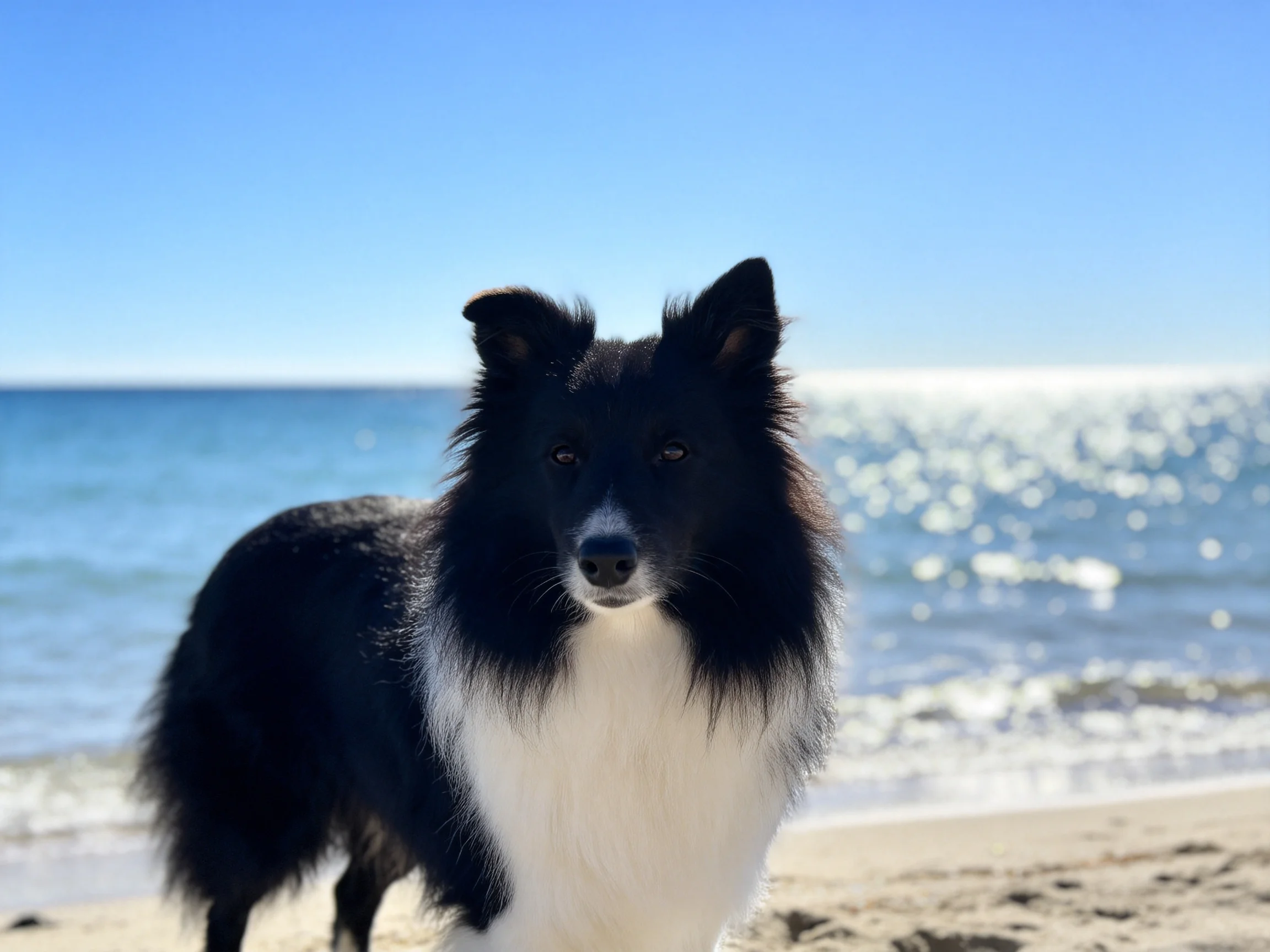 黑白边境牧羊犬站在沙滩上,白色胸部毛发清晰可见,背景是波光粼粼的大海。