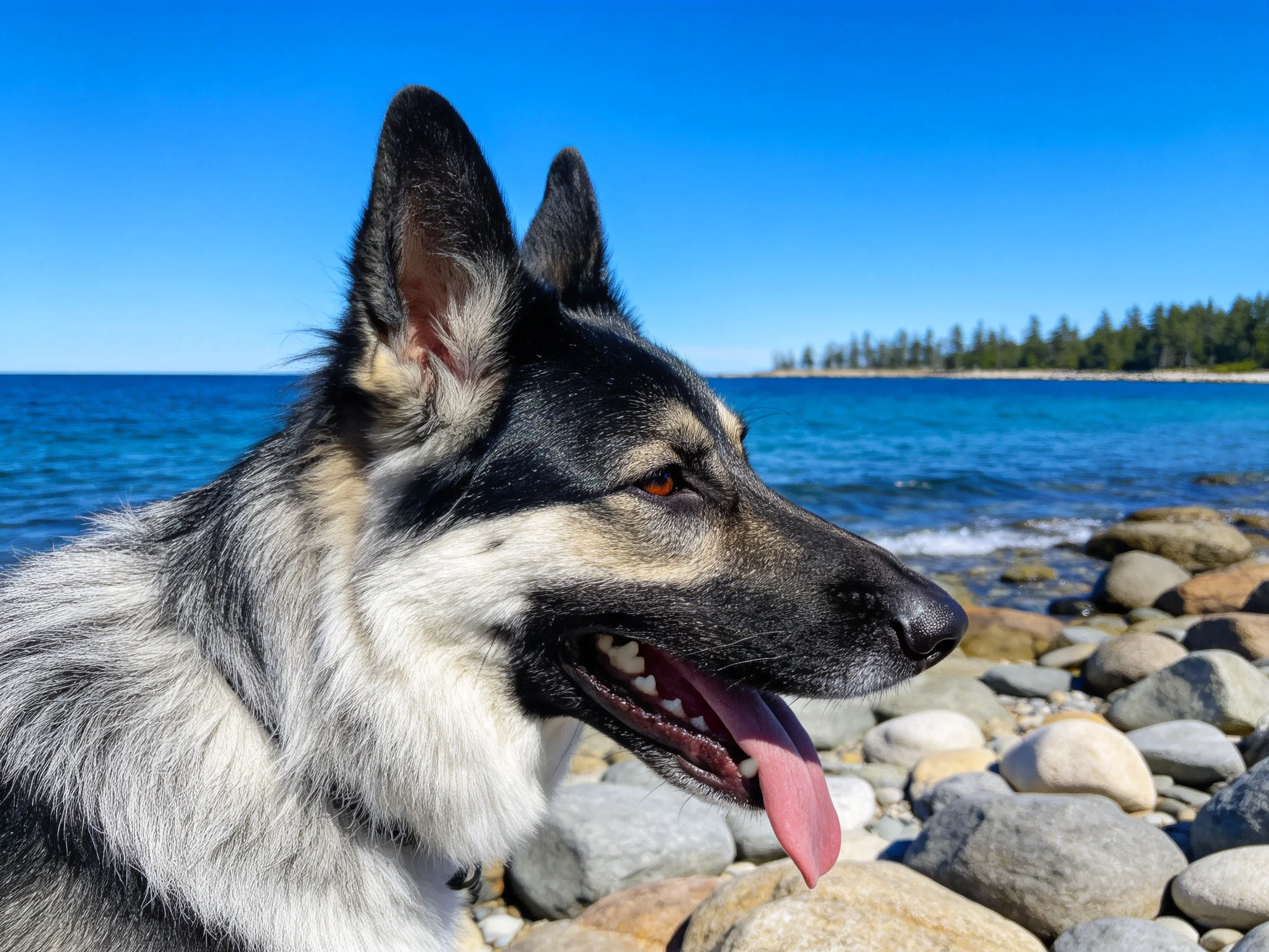 一只德国牧羊犬站在海边岩石处,黑棕相间的毛发清晰可见,嘴巴张开露出牙齿,周围是光滑的石头和蓝色海水。