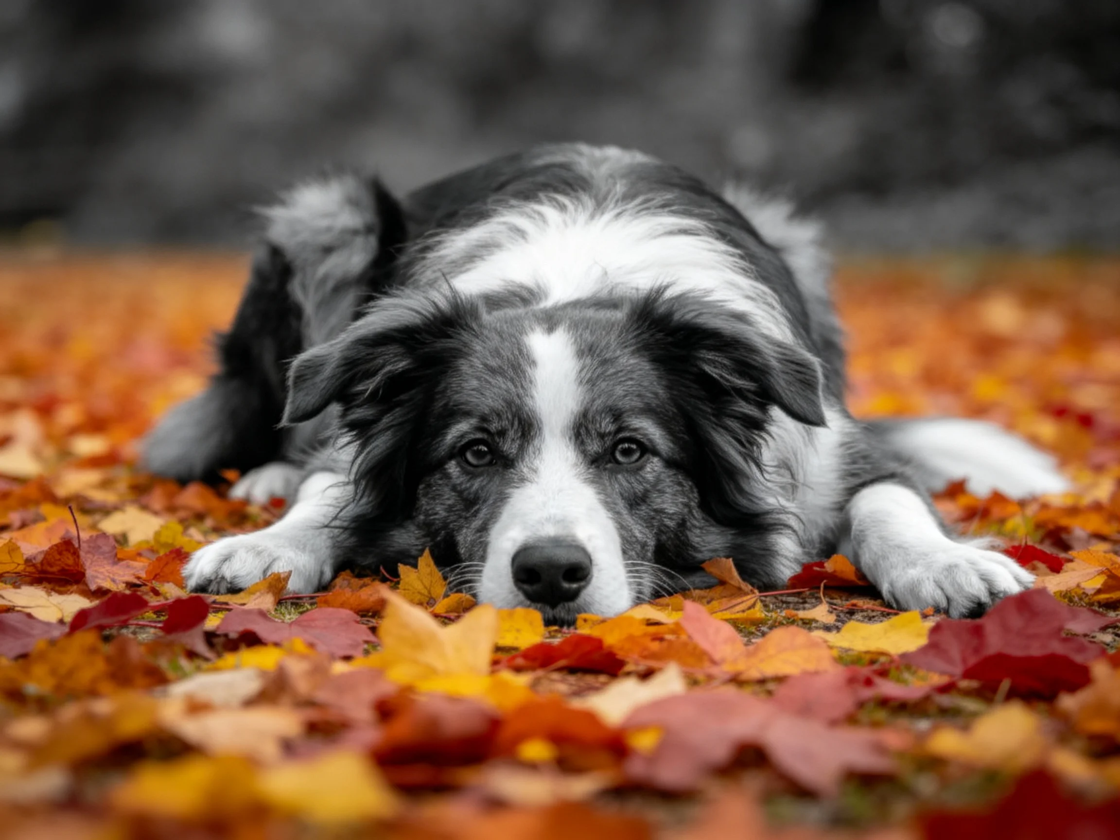 一只黑白相间的边境牧羊犬正趴在满是彩色秋日落叶的地面上,毛发柔软,眼神平静。