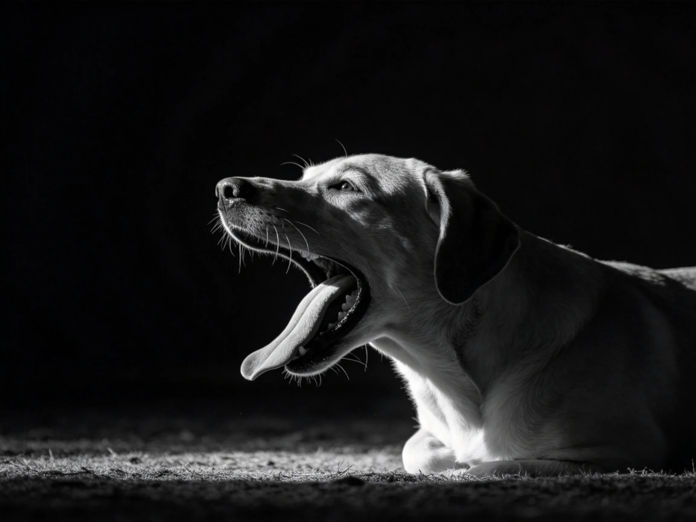 一只中型混血犬在黑白摄影中展现出张开的嘴巴和悬挂的舌头，光影效果突出了其面部特征。