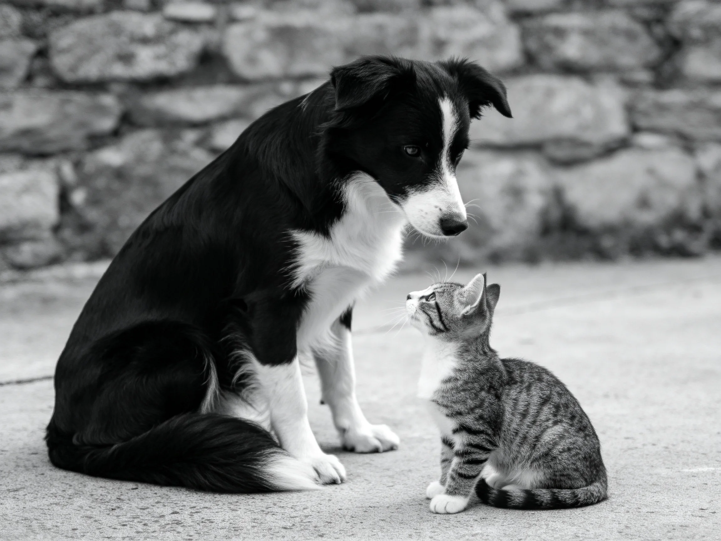 黑白相间的边境牧羊犬与灰褐色条纹短毛家猫近距离对视,牧羊犬眼神温和,家猫抬头注视。