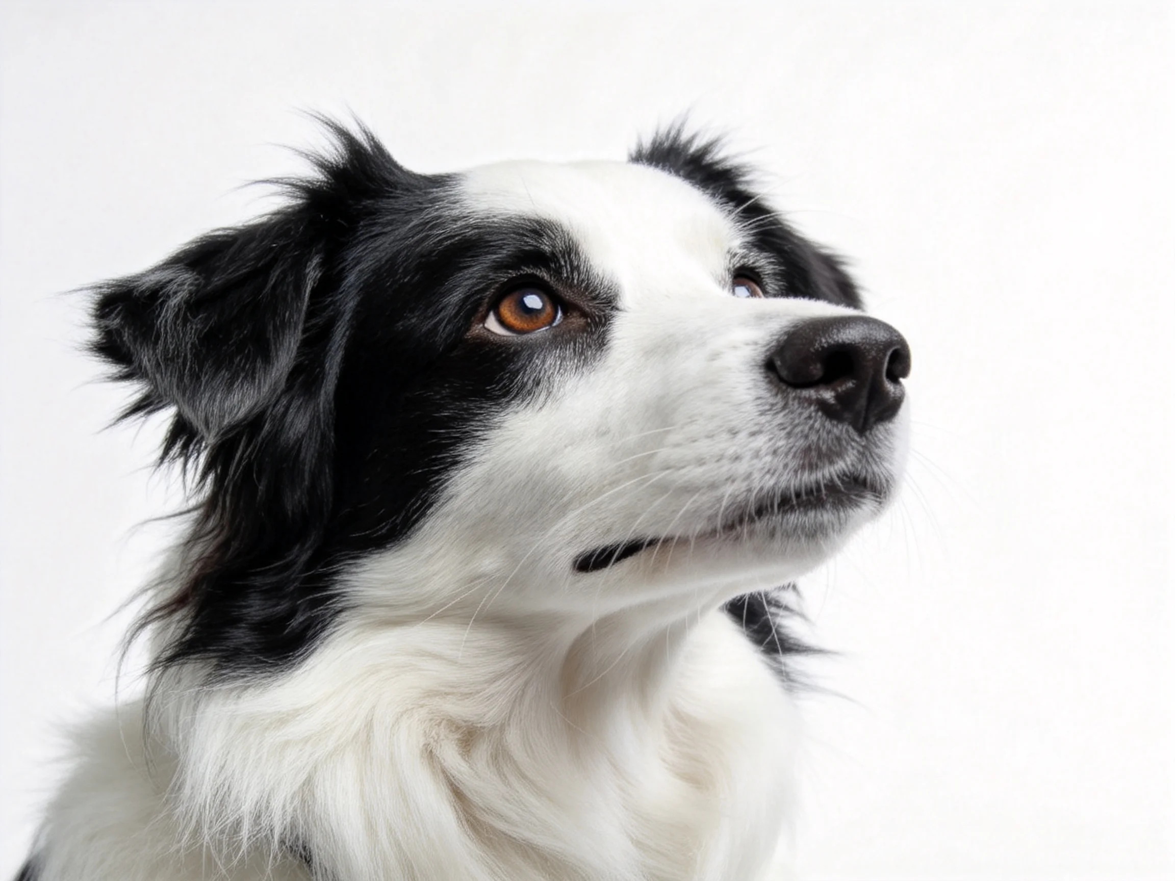 一只黑白相间的边境牧羊犬,眼睛明亮注视上方,毛发蓬松且带有清晰的黑白纹理,鼻尖细节明显。