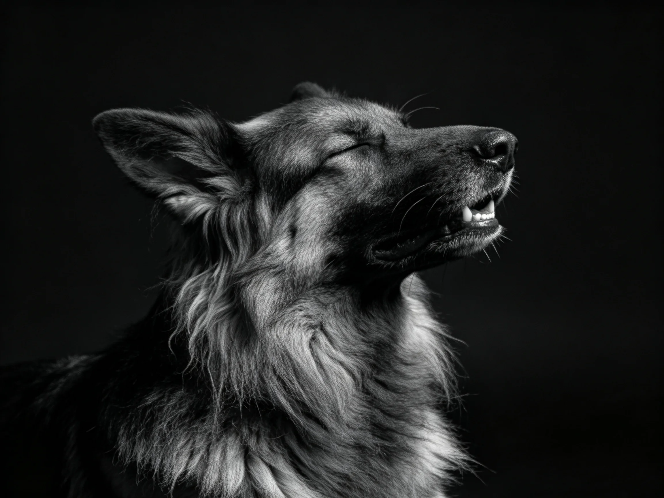 德国牧羊犬闭眼状态下露出牙齿,浓密蓬松的毛发清晰可见。