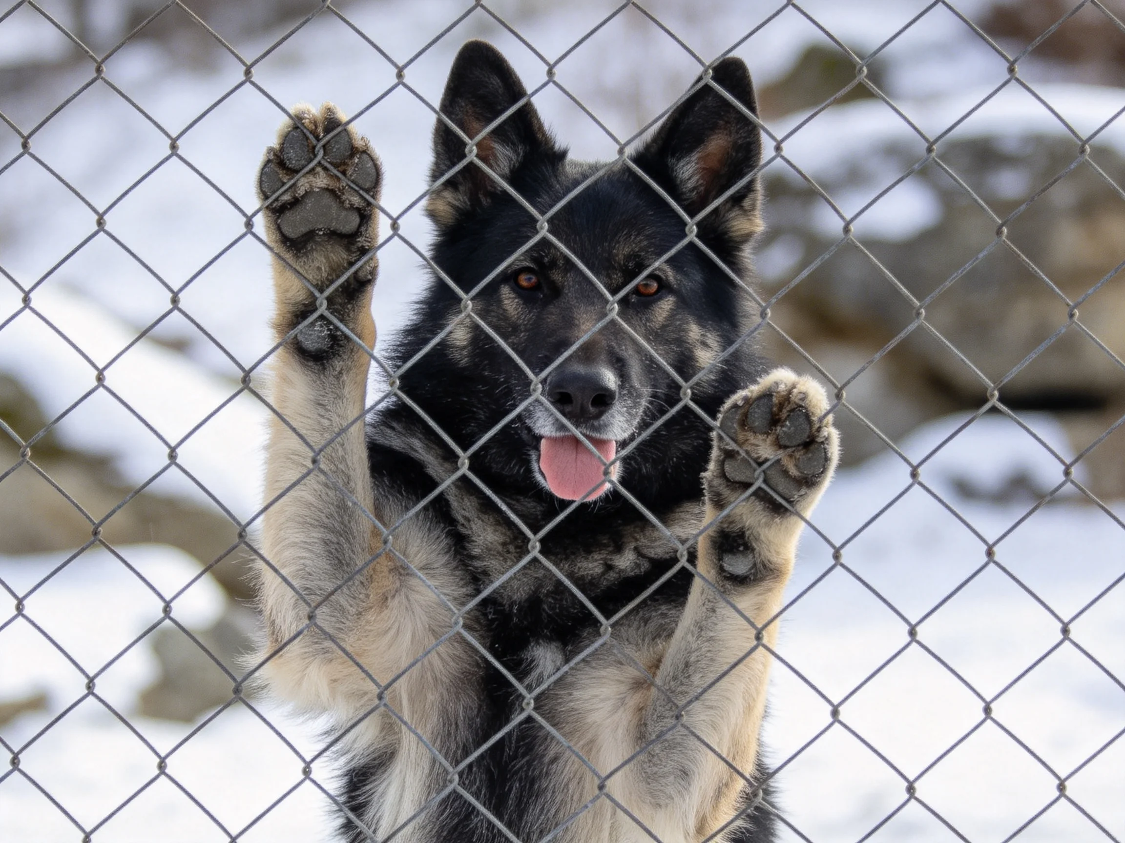 德国牧羊犬将前爪抵在铁丝网上,黑灰相间毛发清晰可见。