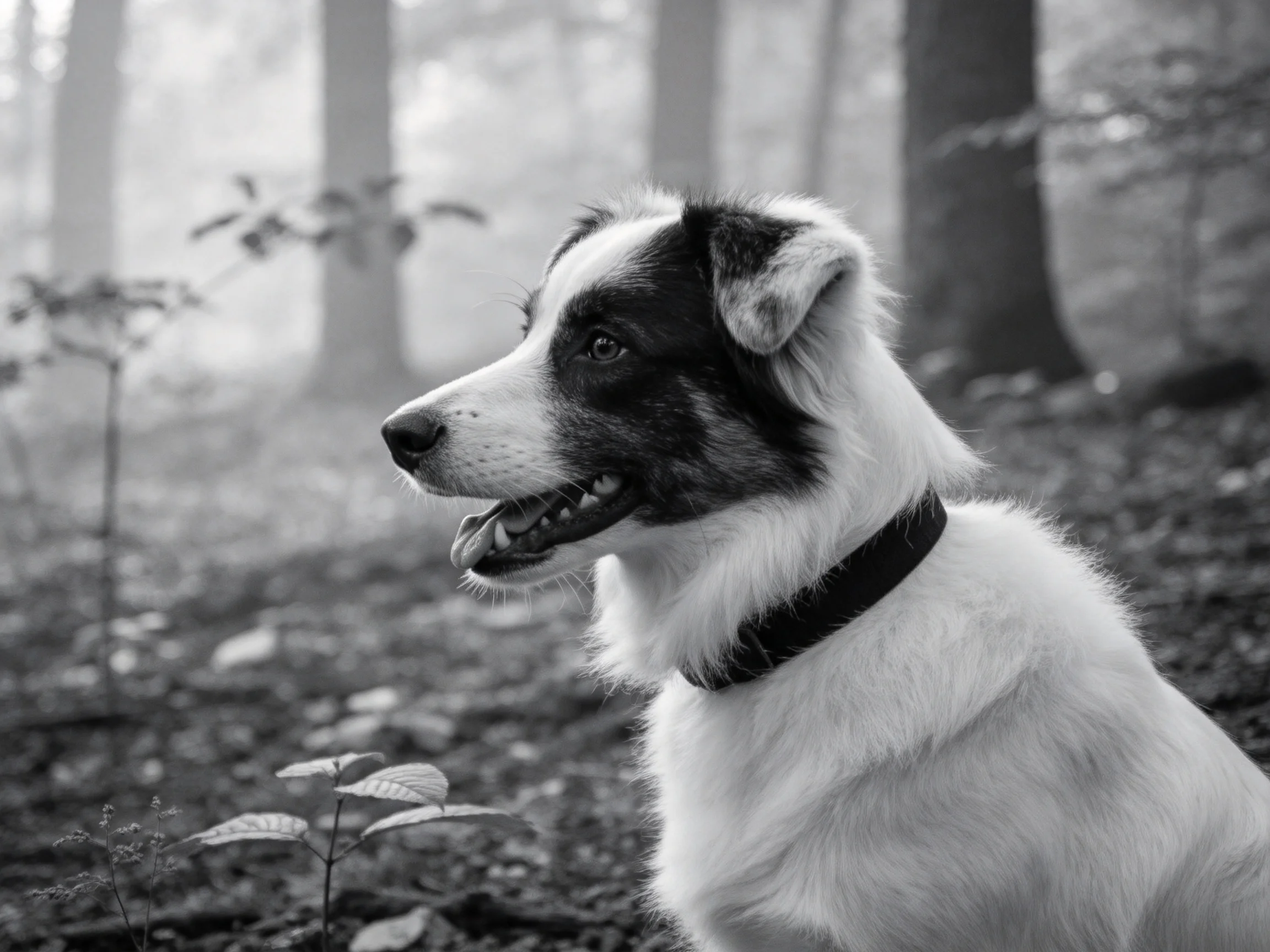 一只黑白相间的边境牧羊犬正专注凝视远方,它蓬松的白色毛发与黑色面部斑纹清晰可见。