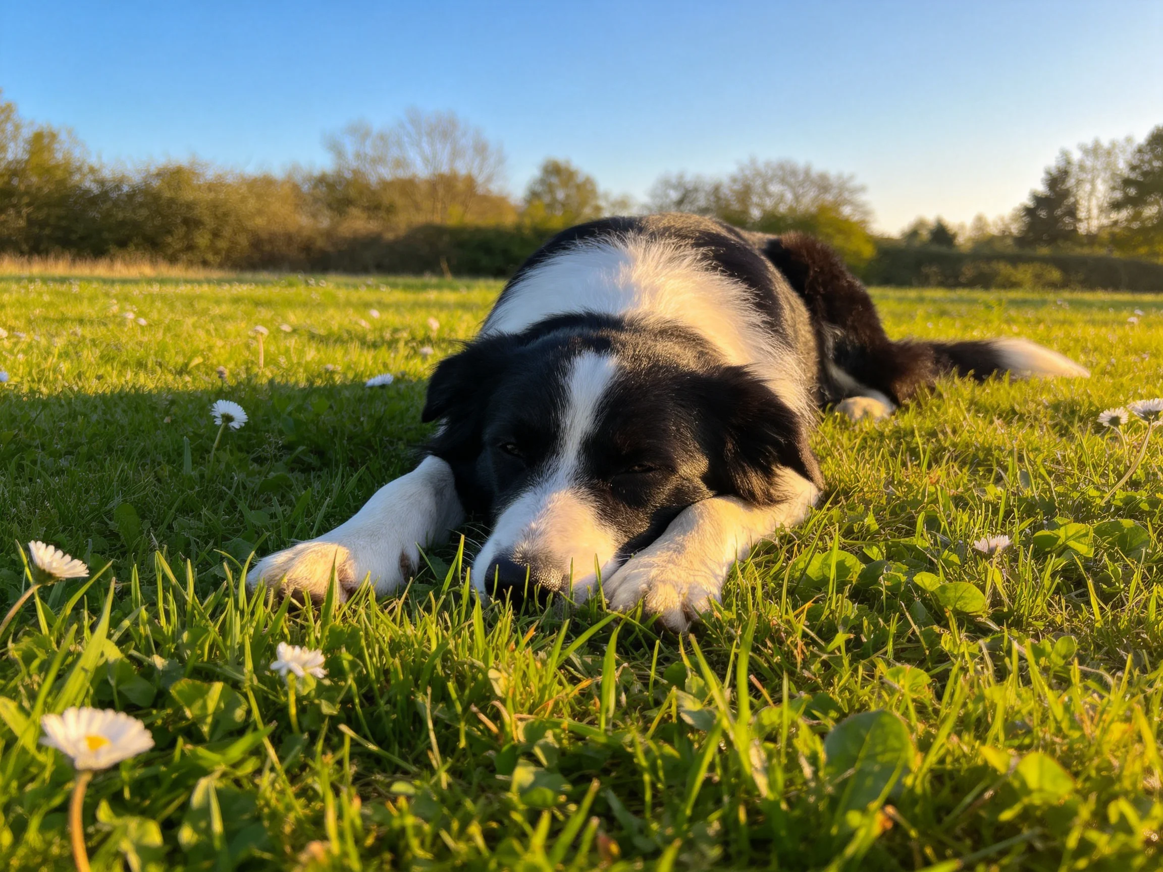 一只黑白相间的边境牧羊犬将头靠在前爪上，皮毛清晰可见，周围散布着小雏菊。
