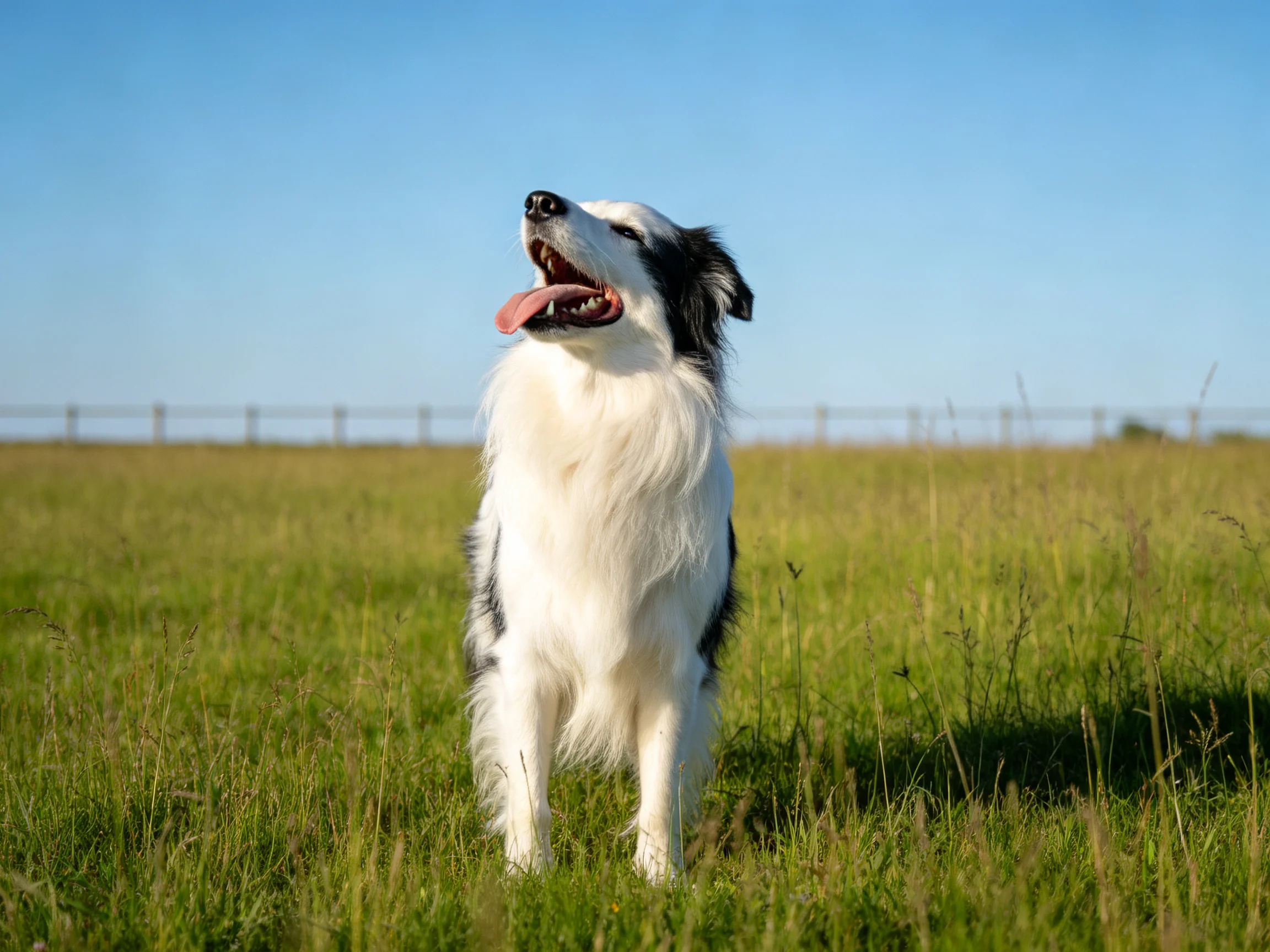 黑白边境牧羊犬站立着,嘴巴张开,粉色舌头伸出,毛发蓬松柔软。
