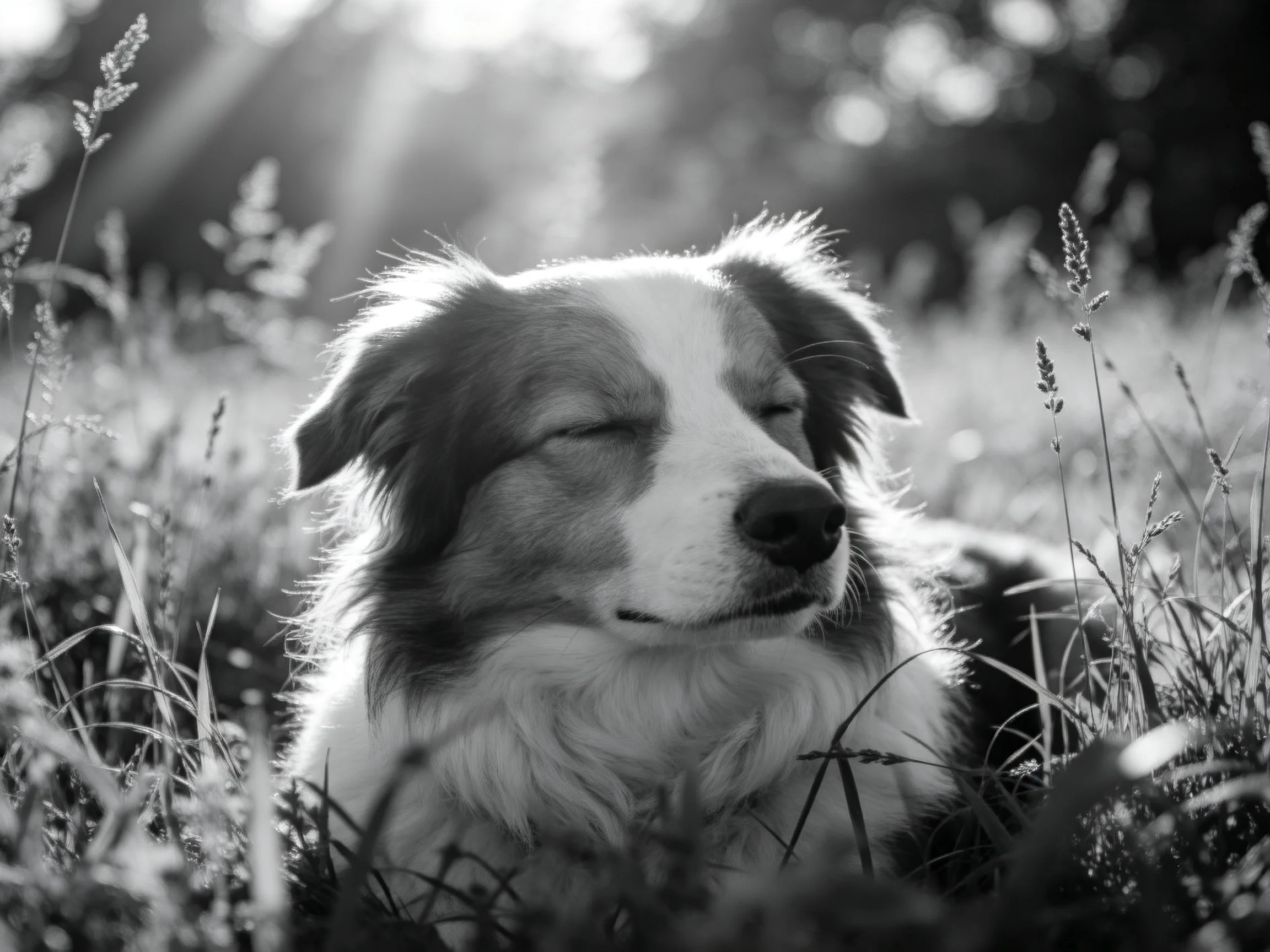 边境牧羊犬闭眼躺卧在草地上,黑白相间的毛发在光下显得柔软蓬松。