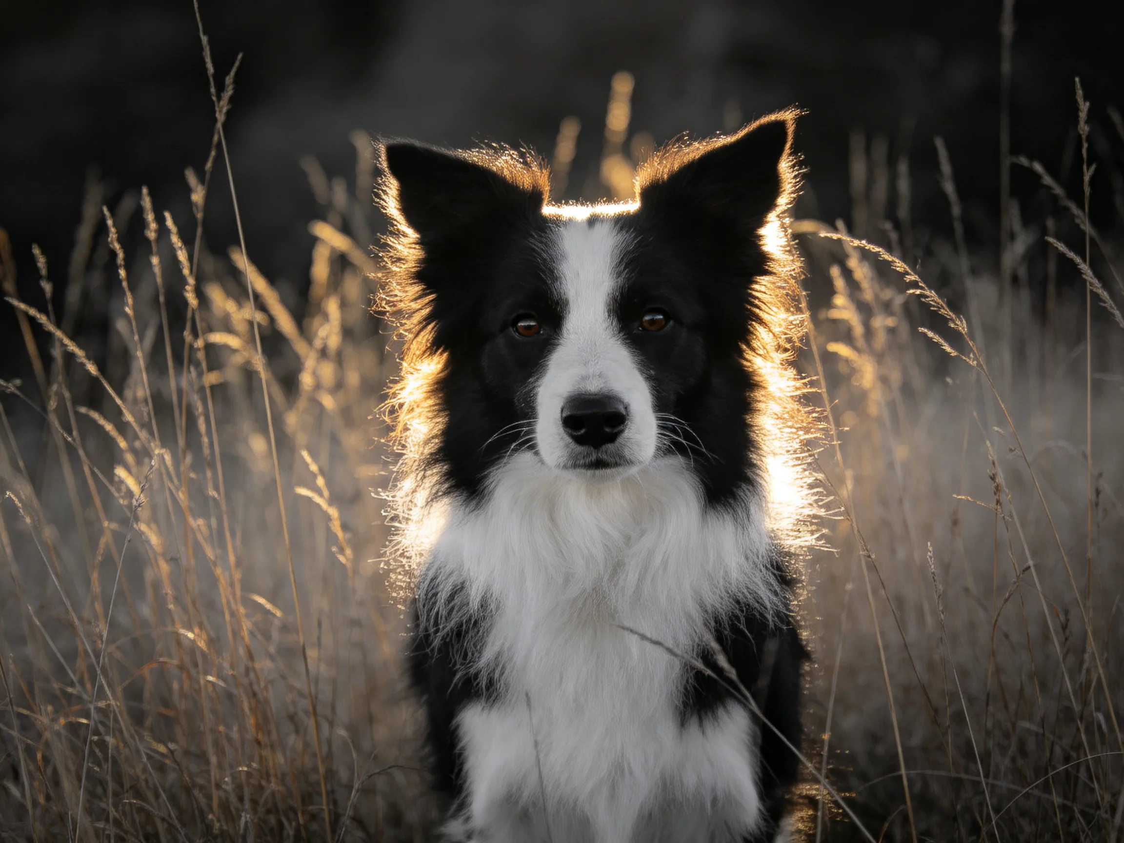 黑白相间的边境牧羊犬在夕阳下,阳光透过毛发形成金色光晕效果。