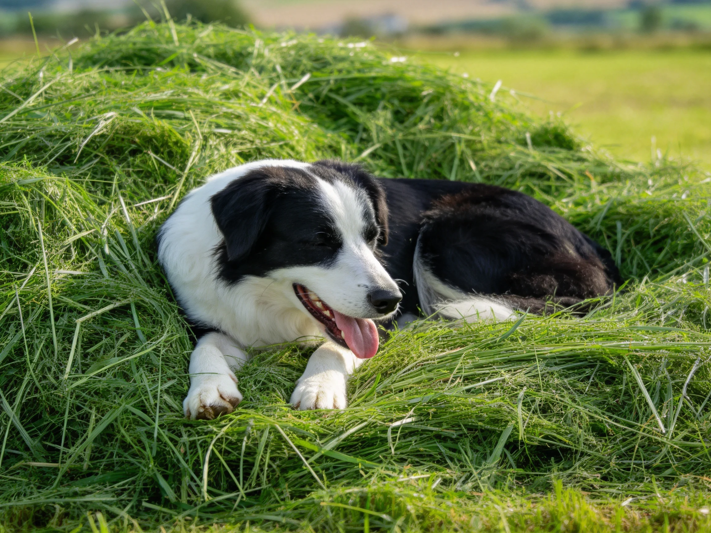 边境牧羊犬安静躺卧,黑白被毛与周围青草形成鲜明对比,舌头微微伸出,处于放松状态。