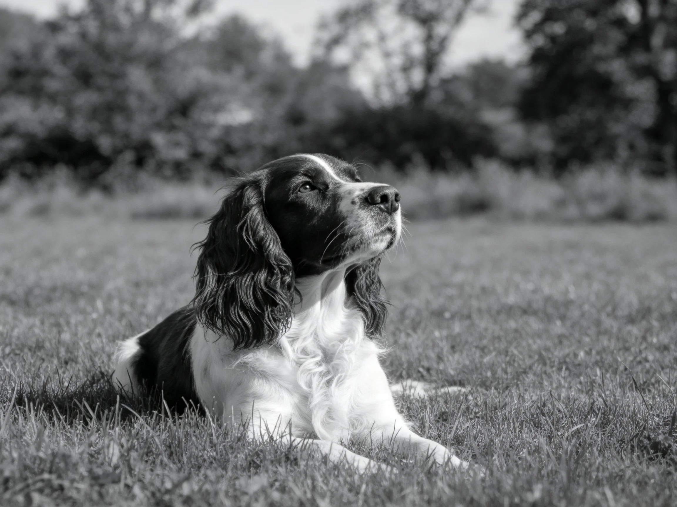 英国史宾格犬安静趴卧，黑白相间被毛清晰，长耳下垂。