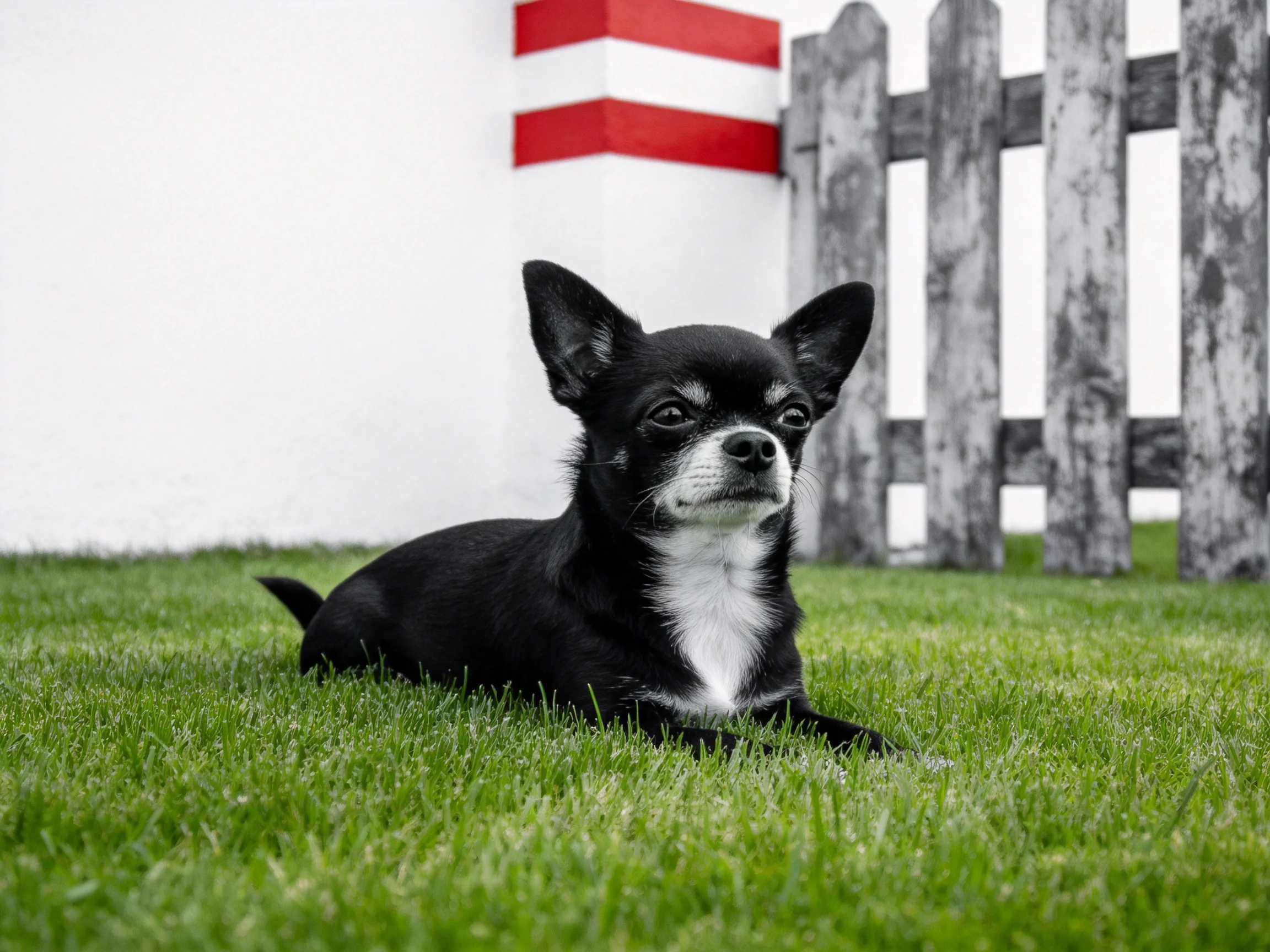 一只吉娃娃犬趴在绿色草地上,黑白相间的被毛清晰可见,耳朵竖立着注视前方。