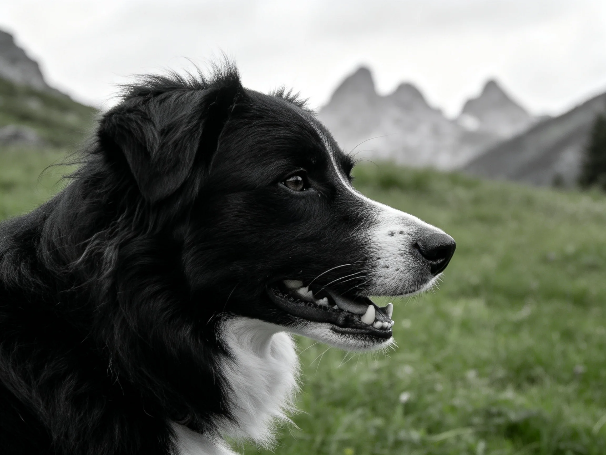 边境牧羊犬张嘴喘气,黑白毛发与山地草甸背景形成鲜明对比,面部细节清晰可见。