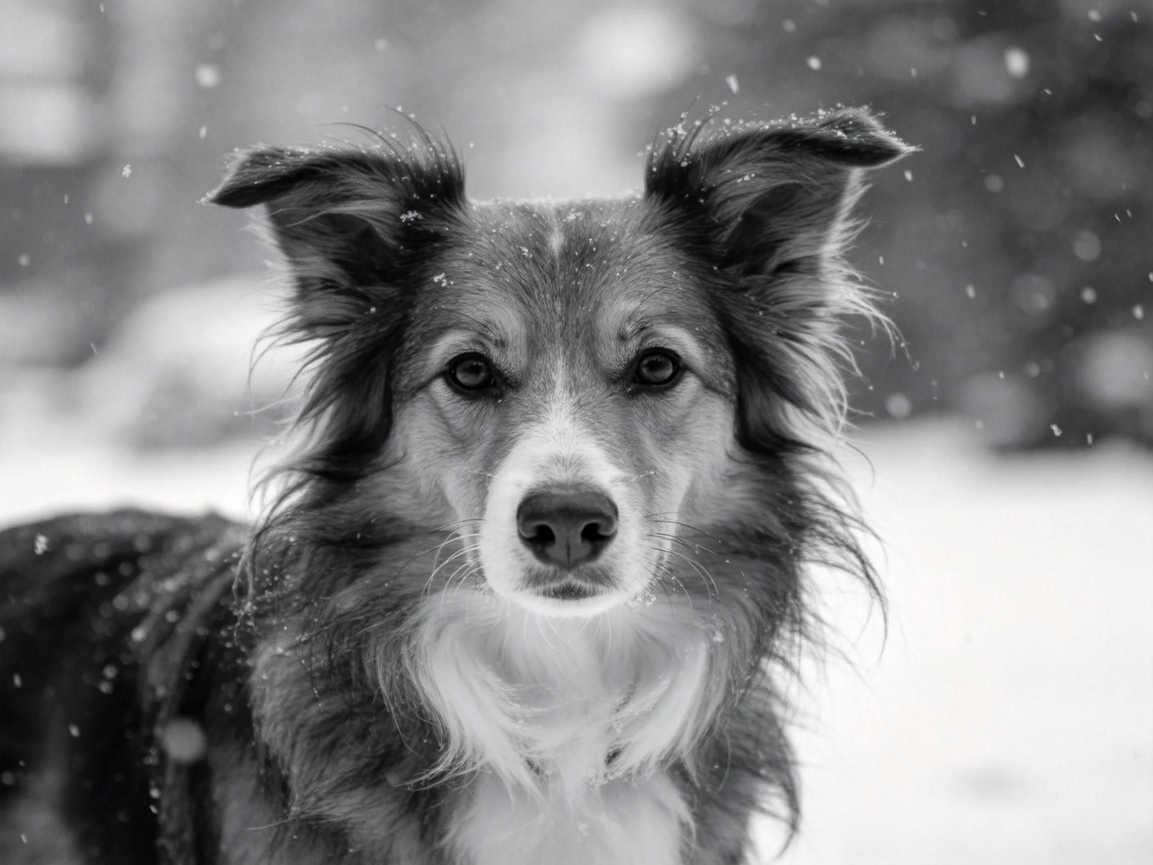 一只边境牧羊犬正凝视镜头,黑白相间的毛发在雪地背景下清晰可见,雪花轻落在其耳旁。