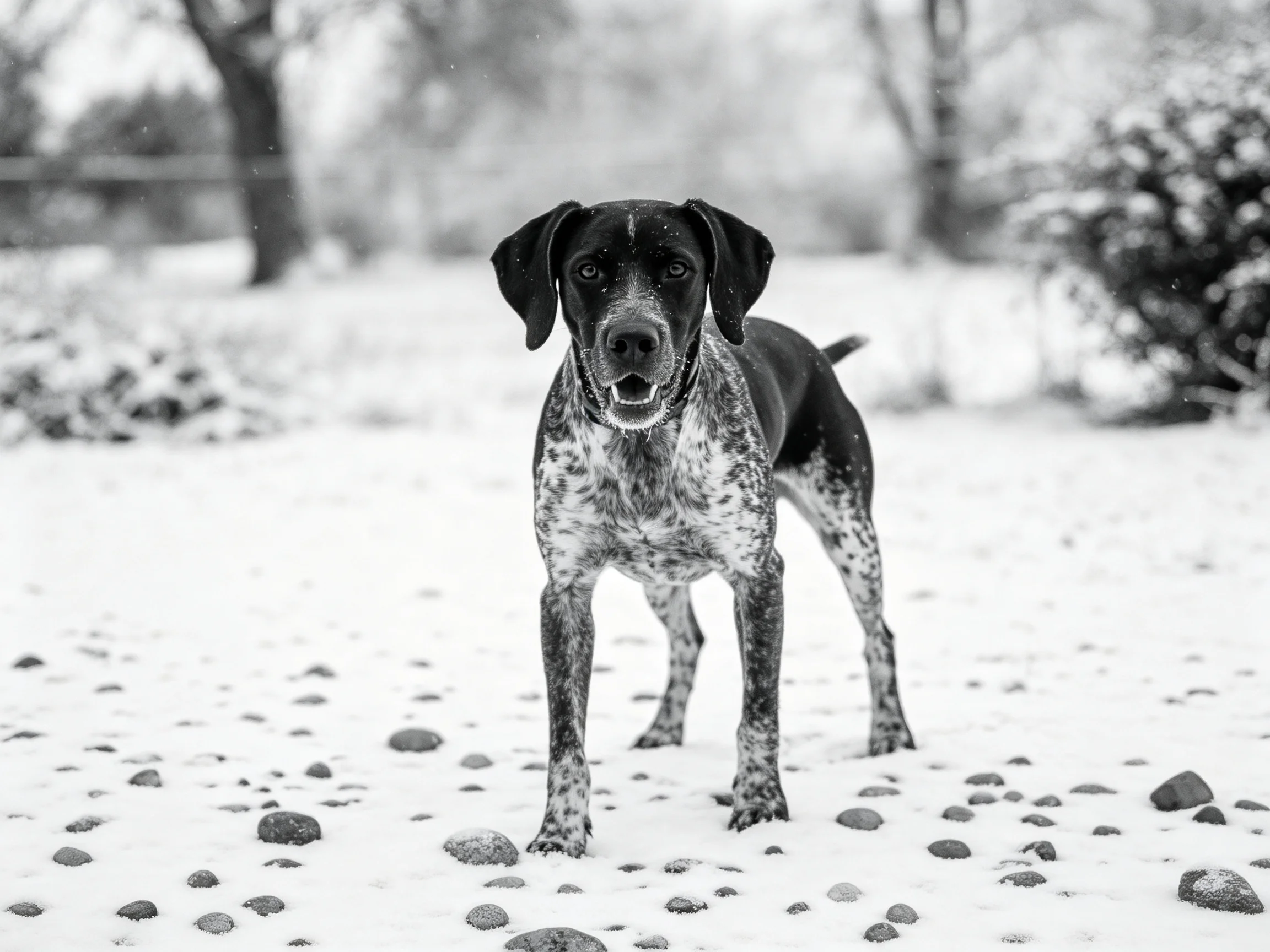 一只斑点指示犬站在雪地上,身上有清晰的斑点花纹,周围散落着石块。