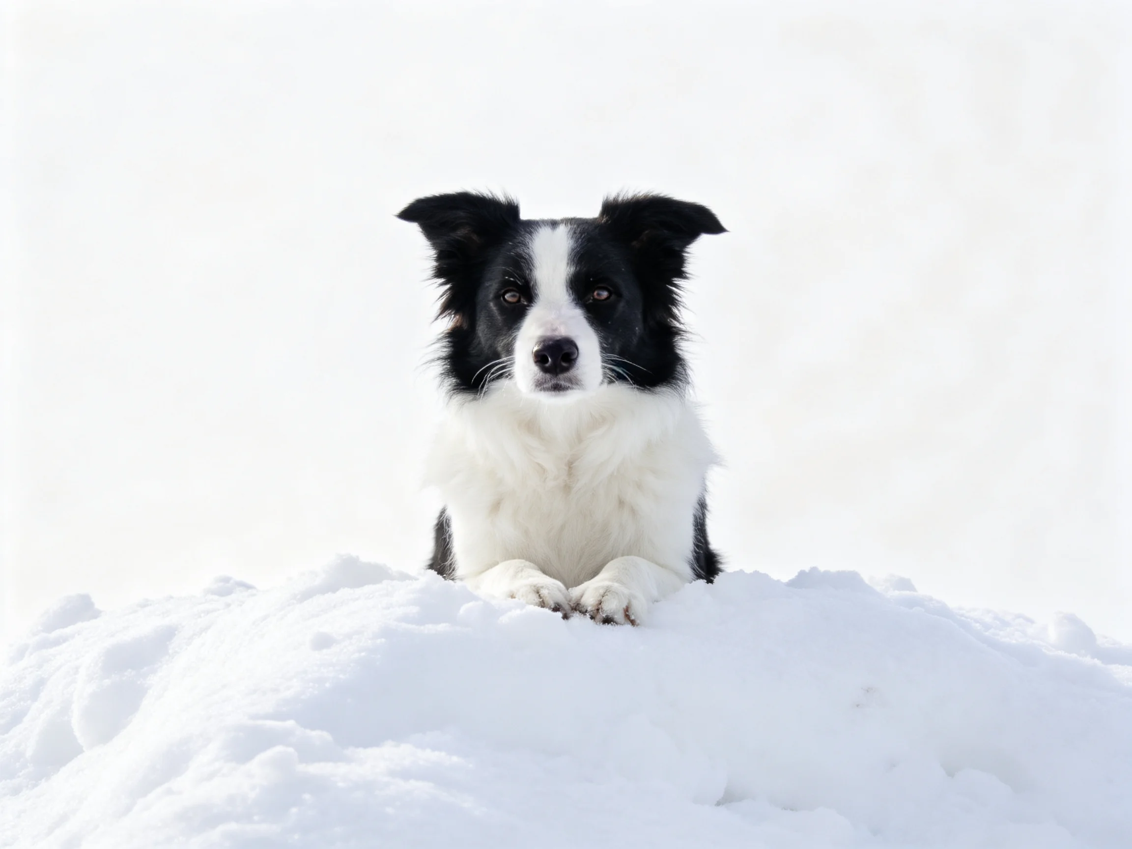一只黑白相间的边境牧羊犬趴在雪地上,毛发蓬松,眼神专注。