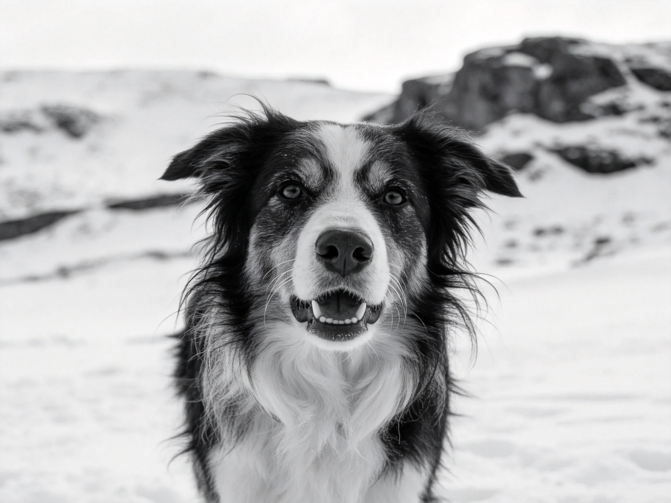 边境牧羊犬黑白特写，眼部周围毛发黑白分界明显，嘴巴张开露出牙齿。