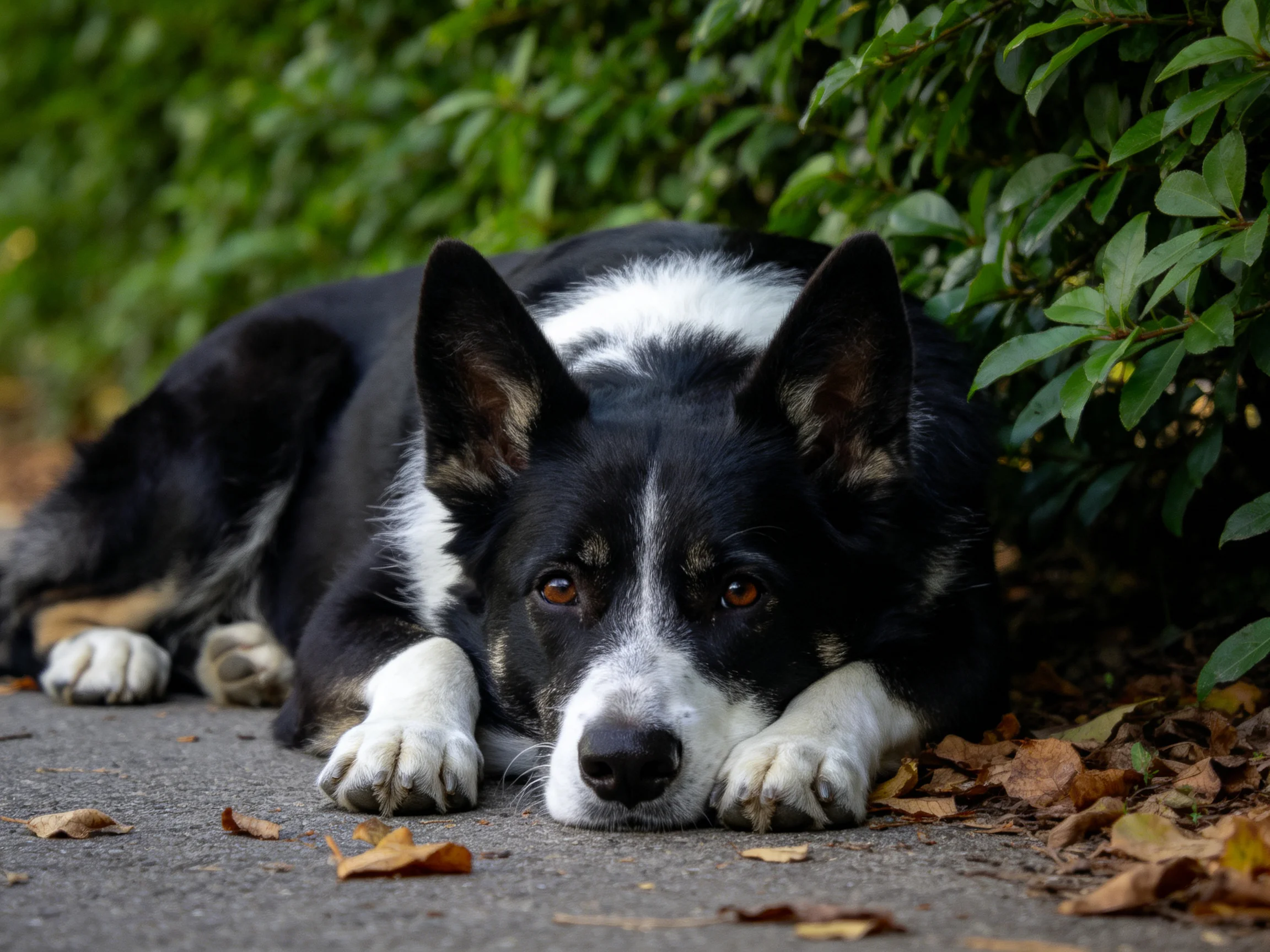 一只黑白相间的边境牧羊犬趴在落叶旁,耳朵竖立,前爪交叠,鼻尖毛发湿润。