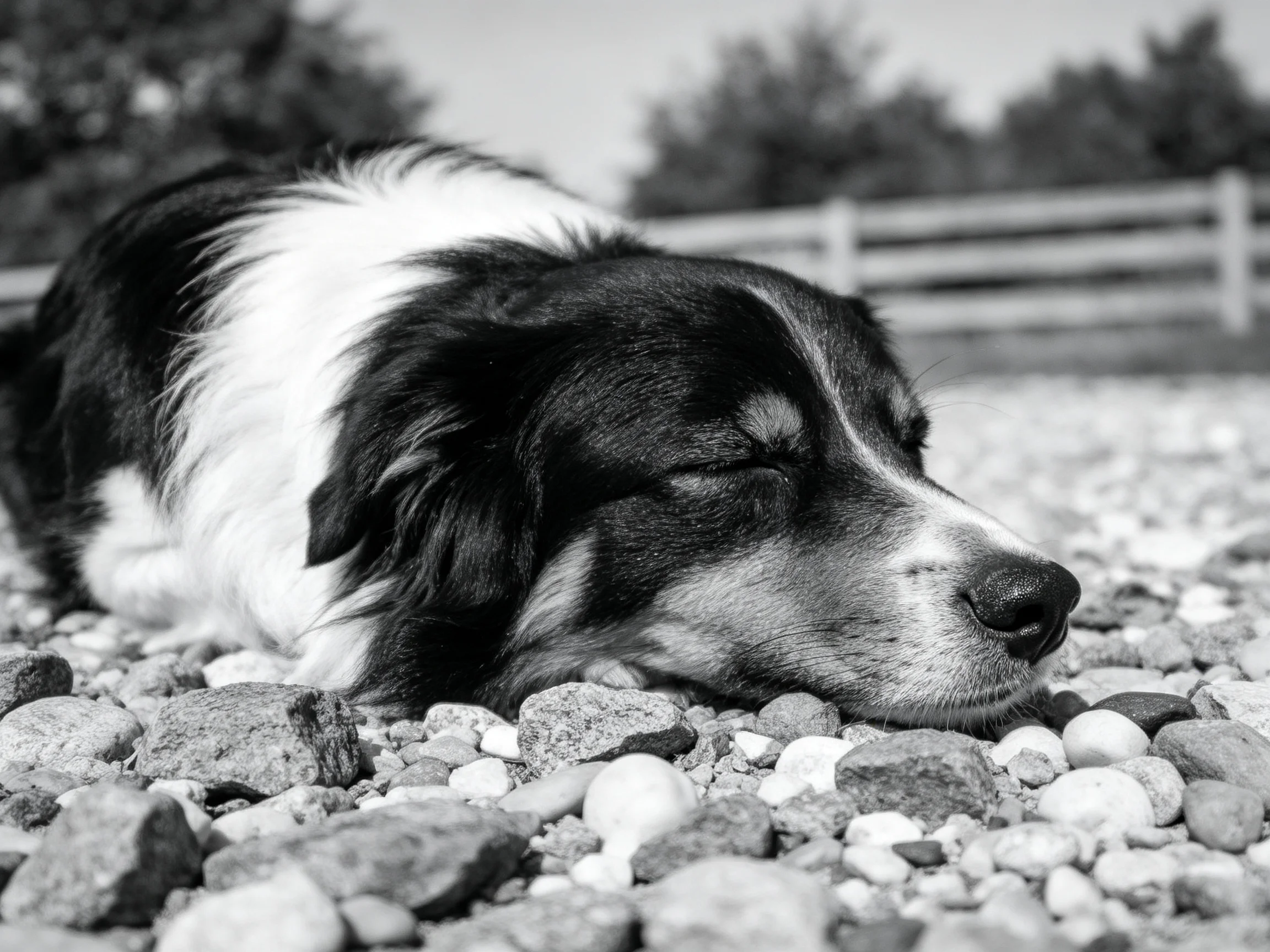 黑白边境牧羊犬闭眼趴在鹅卵石上,黑白相间的毛发清晰可见,鼻尖轻触石面。