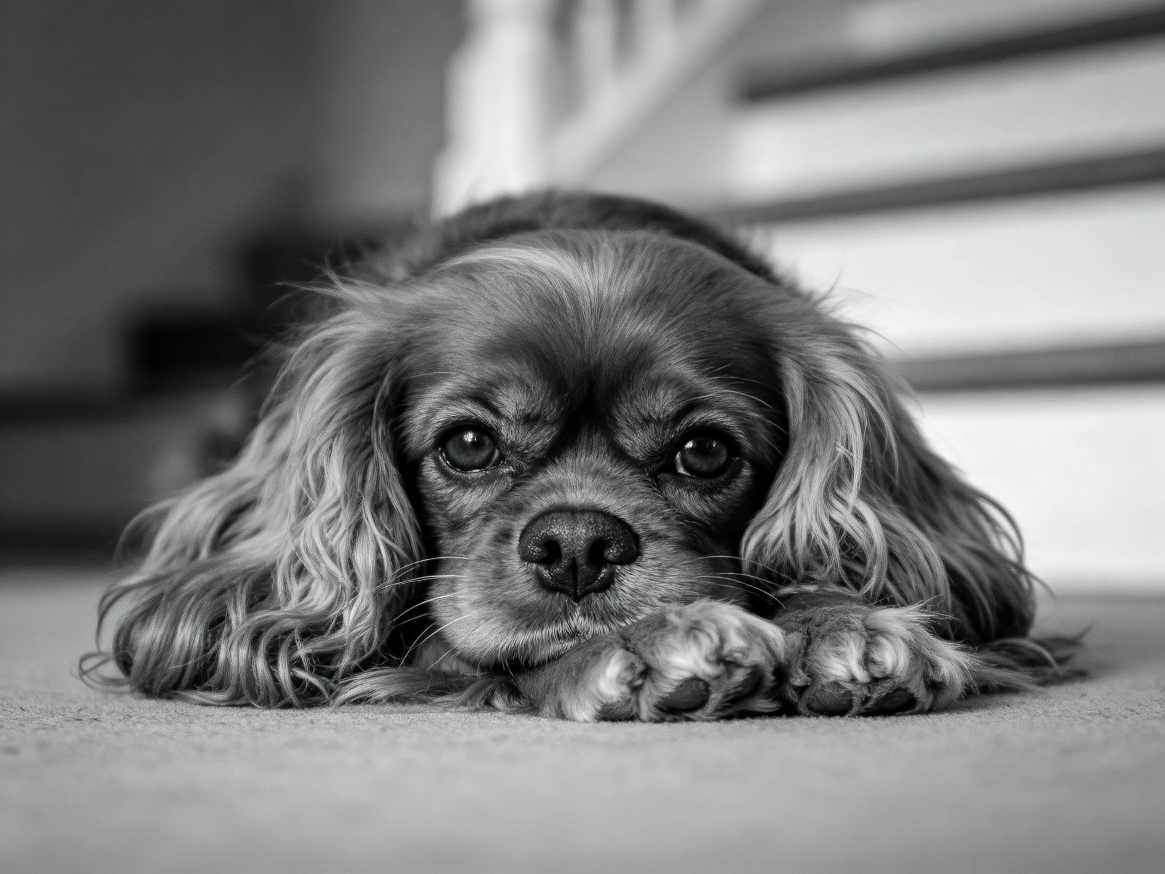 可卡犬有着长长的波浪状毛发,正趴卧在室内地毯上,眼神专注。