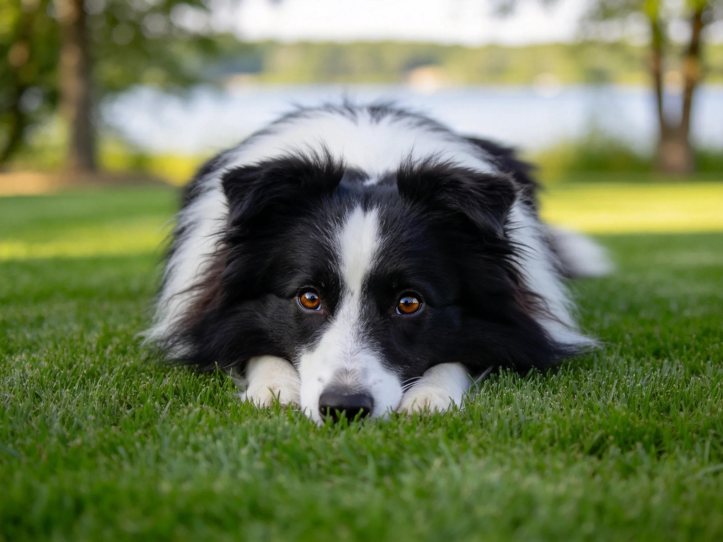 一只黑白相间的边境牧羊犬安静趴卧在绿色草地上,眼睛明亮注视前方。